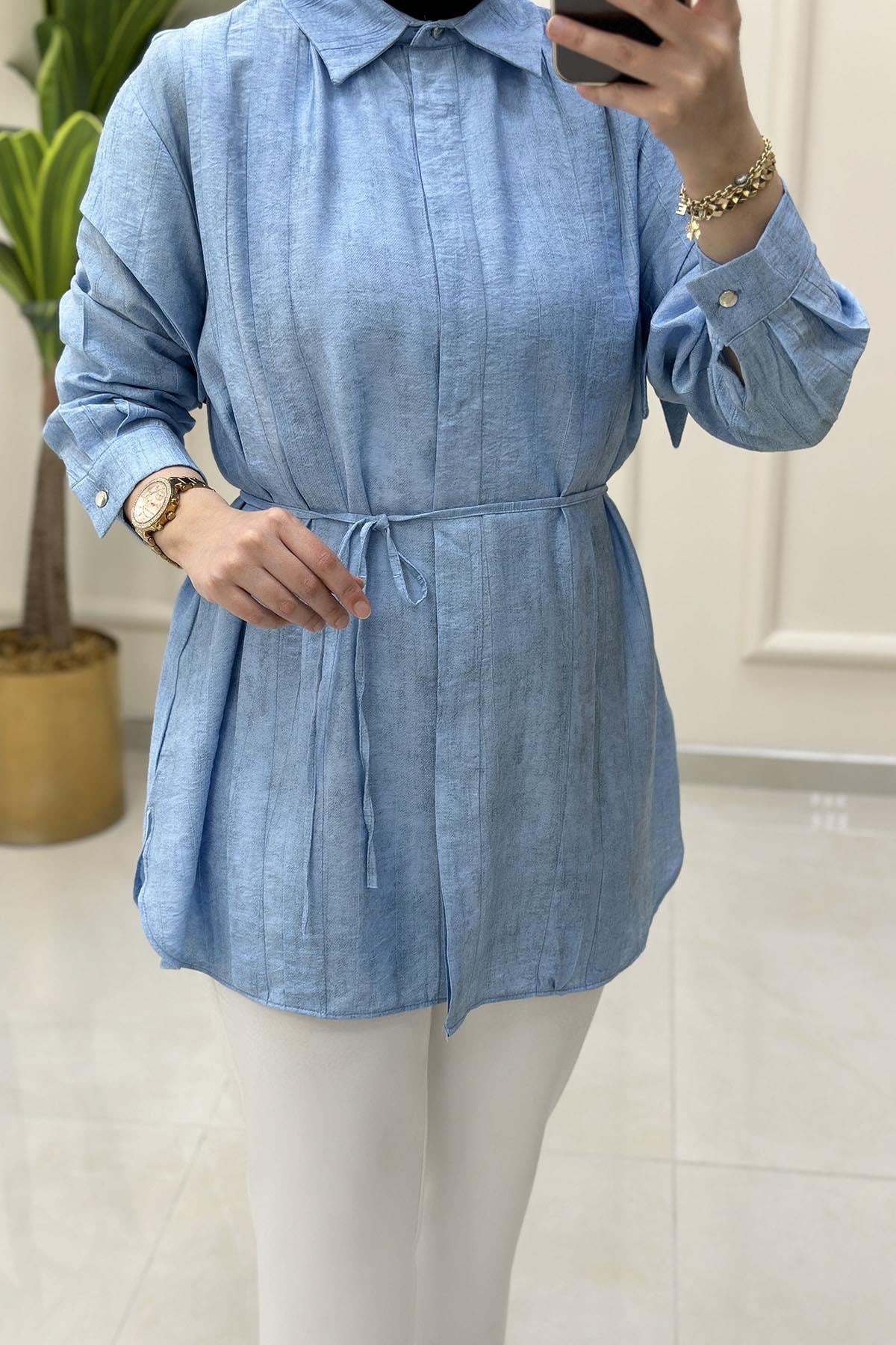Tesettür Tunik GömlekÖnü Pile Detaylı Beli Seyyar Kemerli Kadın Tunik Bebe Mavisi MSE 3228