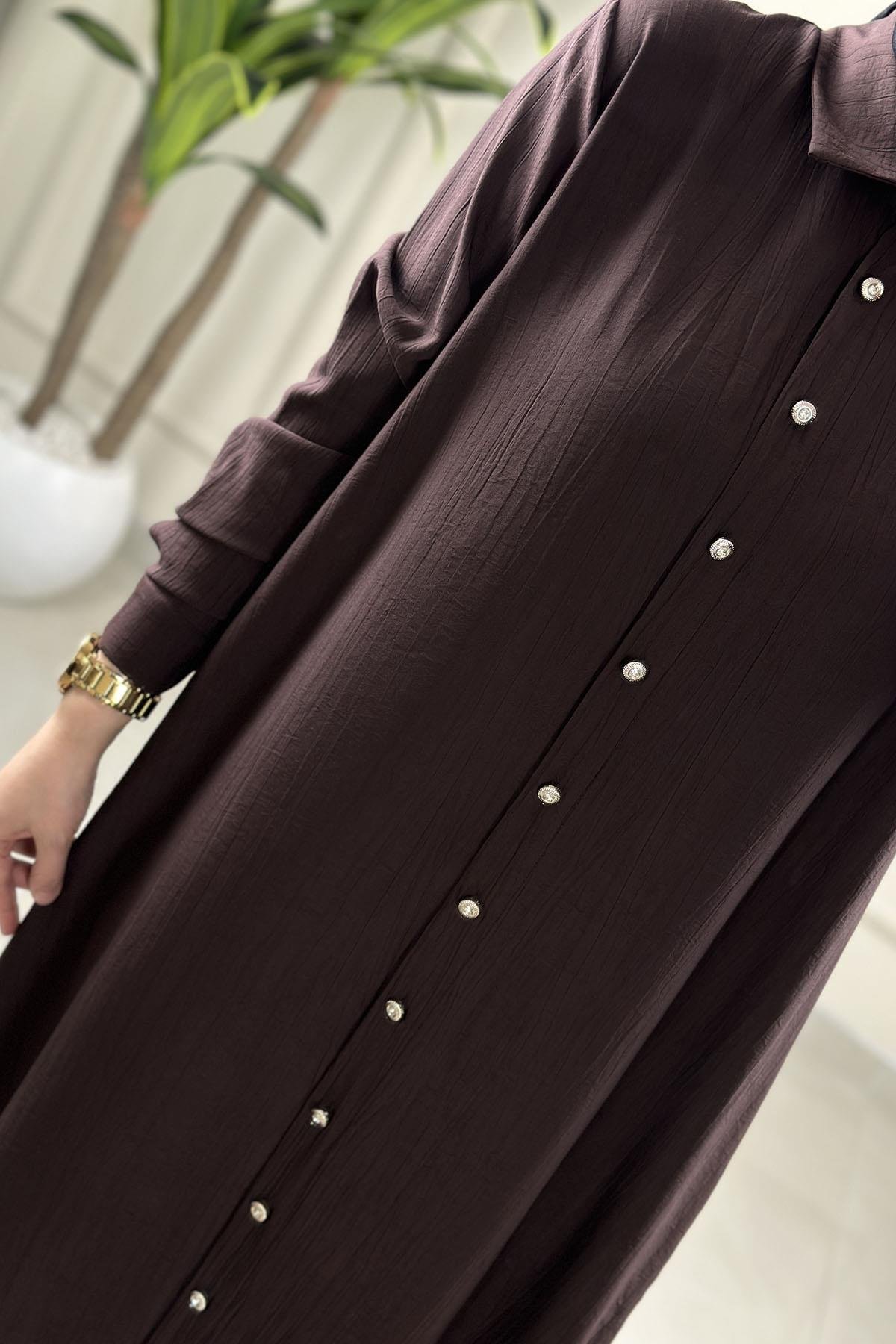 Tesettür Tunik GömlekÖnü Taş Düğme Detaylı Uzun Kadın Tunik Acı Kahve KADO 262226