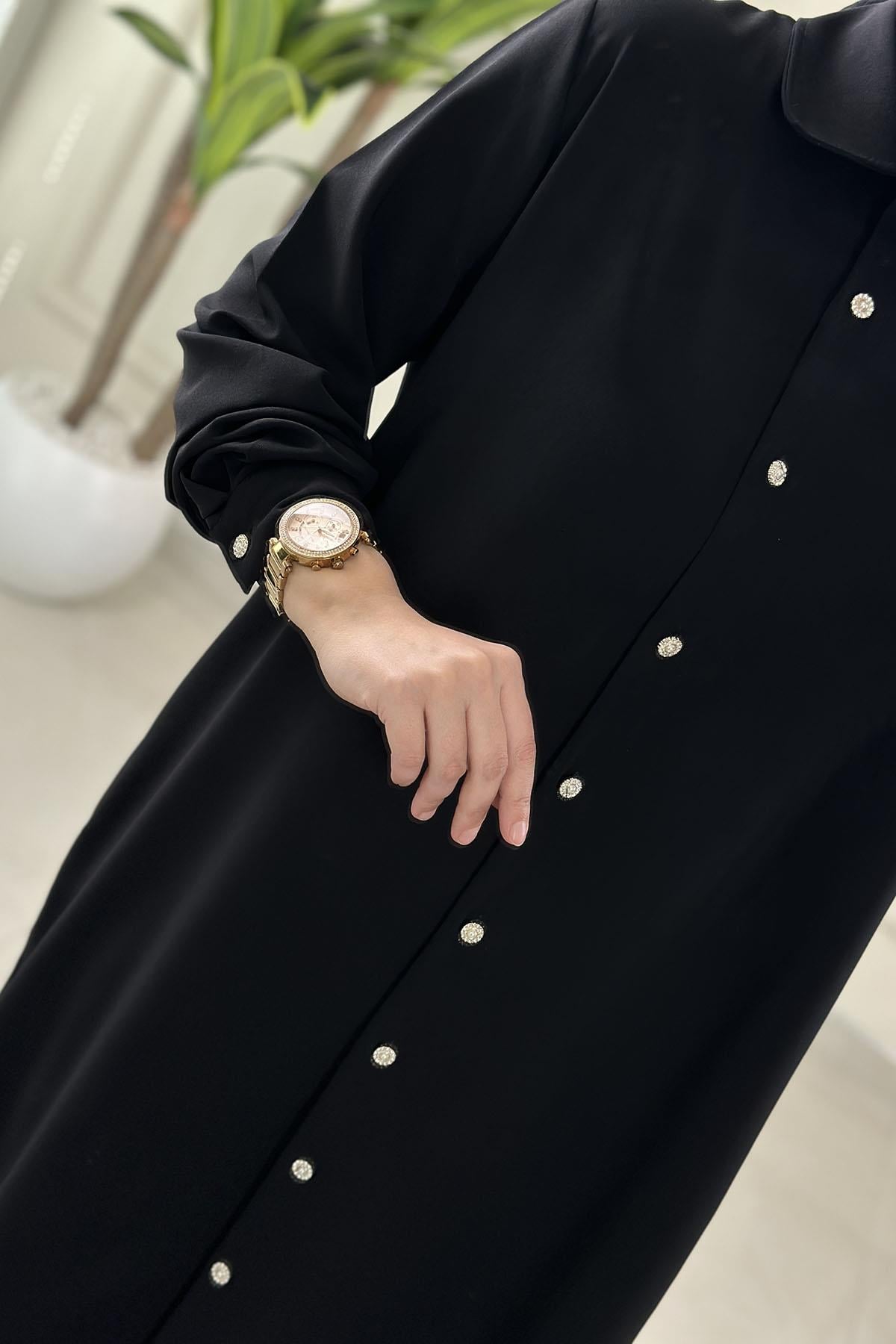 Tesettür Tunik GömlekÖnü Taş İnci Düğme Detaylı Uzun Kadın Tunik Siyah KADO 262968