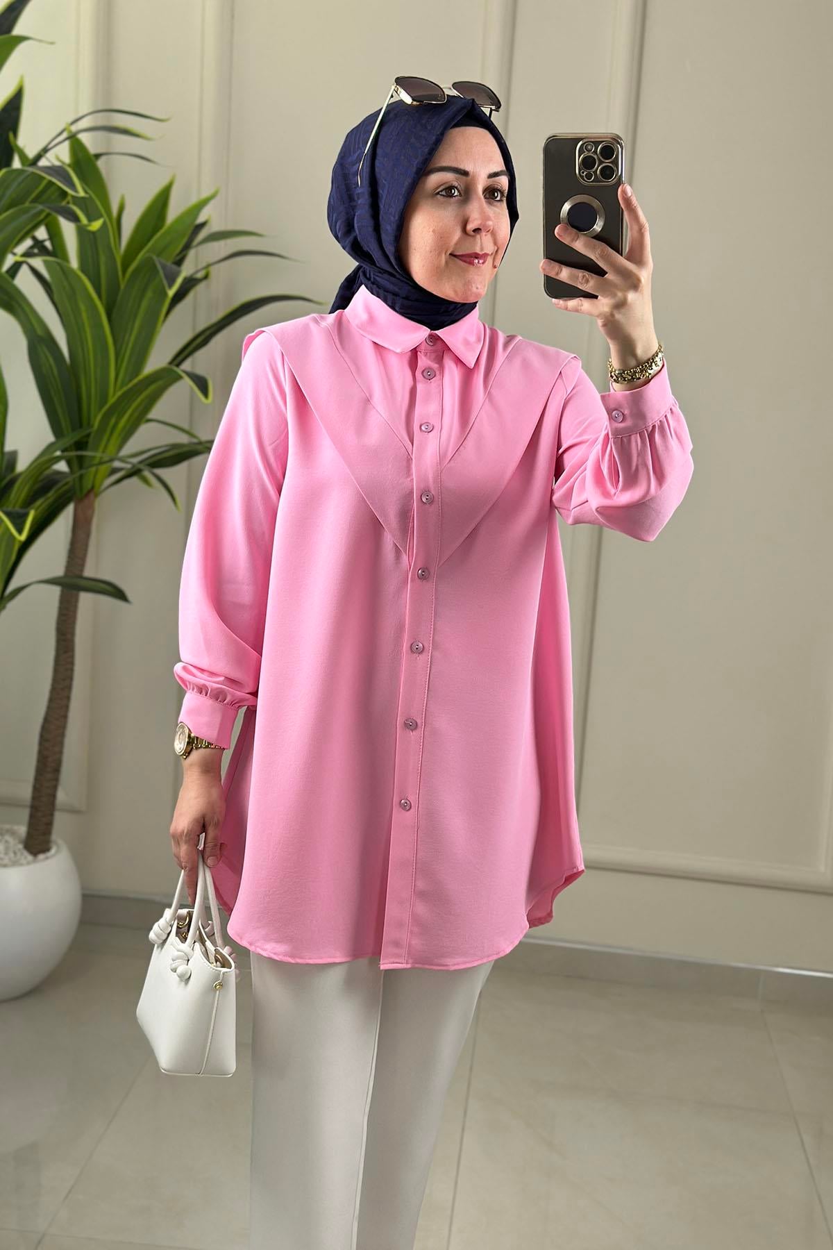 Tesettür Tunik GömlekÖnü V Pervazlı Düğmeli Krep Kadın Tunik Pembe EYL 1697