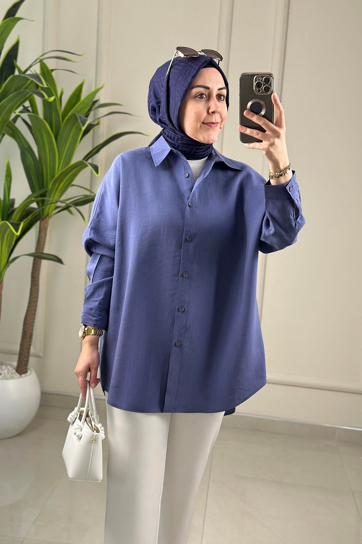 Tesettür Tunik GömlekTensel Düşük Omuz Önü Düğmeli Kadın Tunik İndigo MGZN 7539