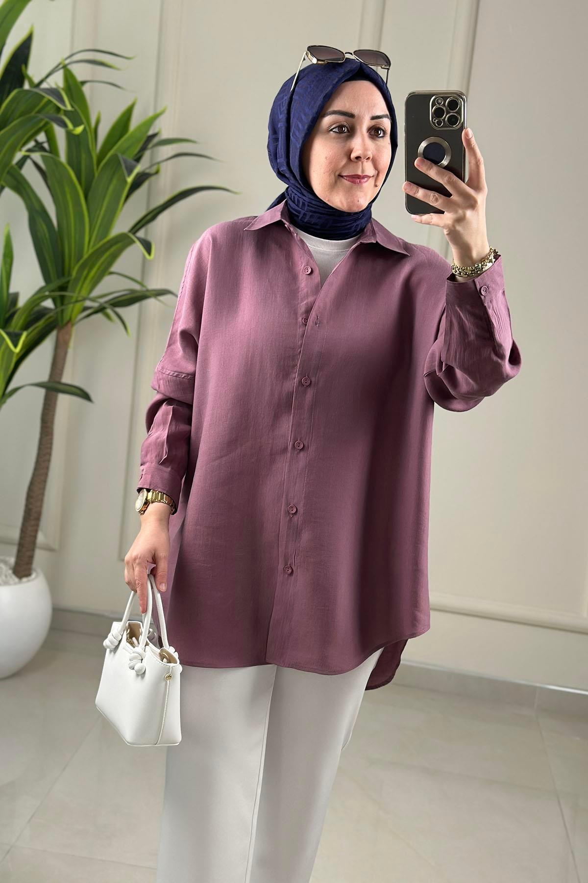 Tesettür Tunik GömlekTensel Düşük Omuz Önü Düğmeli Kadın Tunik Mürdüm MGZN 7539