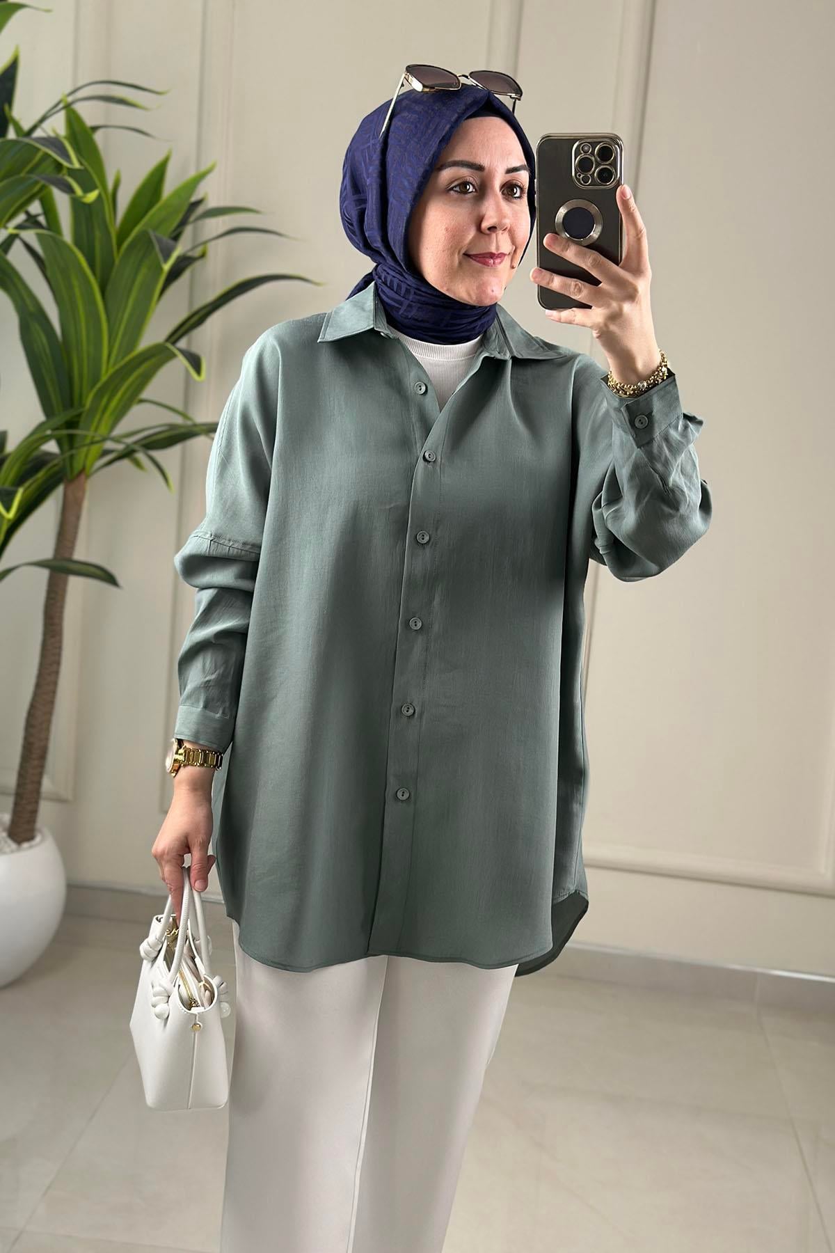 Tesettür Tunik GömlekTensel Düşük Omuz Önü Düğmeli Kadın Tunik Çağla Yeşili MGZN 7539