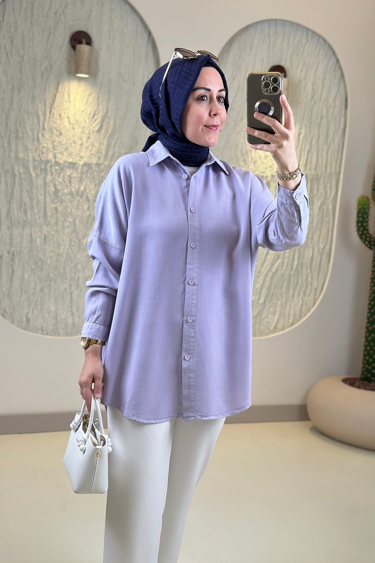 Tesettür Tunik GömlekTensel Düşük Omuz Önü Düğmeli Kadın Tunik Lila MGZN 7351