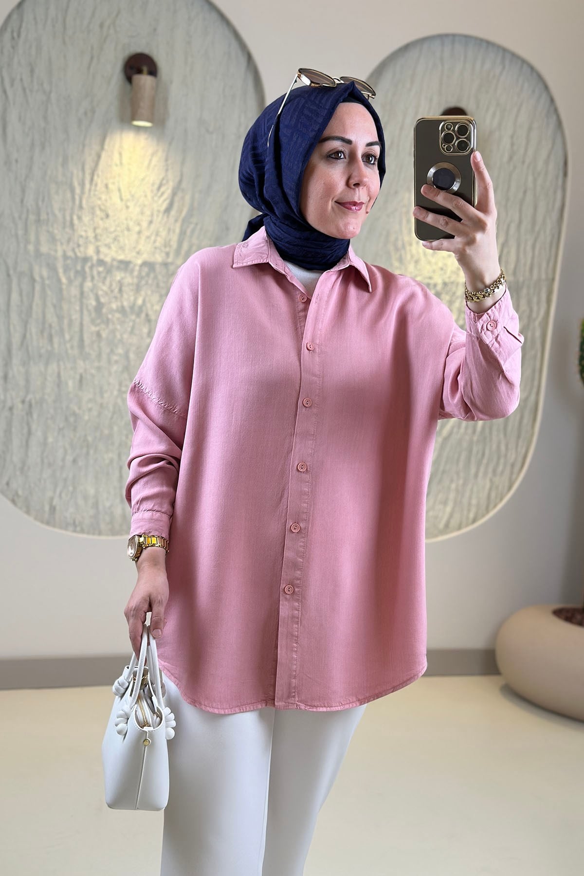 Tesettür Tunik GömlekTensel Düşük Omuz Önü Düğmeli Kadın Tunik Pembe MGZN 7351