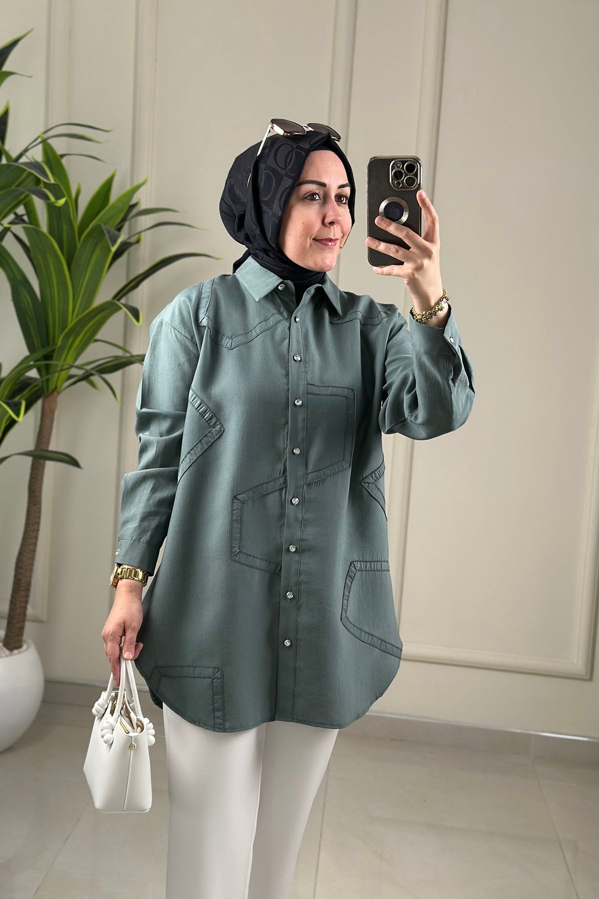 Tesettür Tunik GömlekTensel Önü Düğmeli Şerit Kombinli Kadın Tunik Mint Yeşili EYL 2152