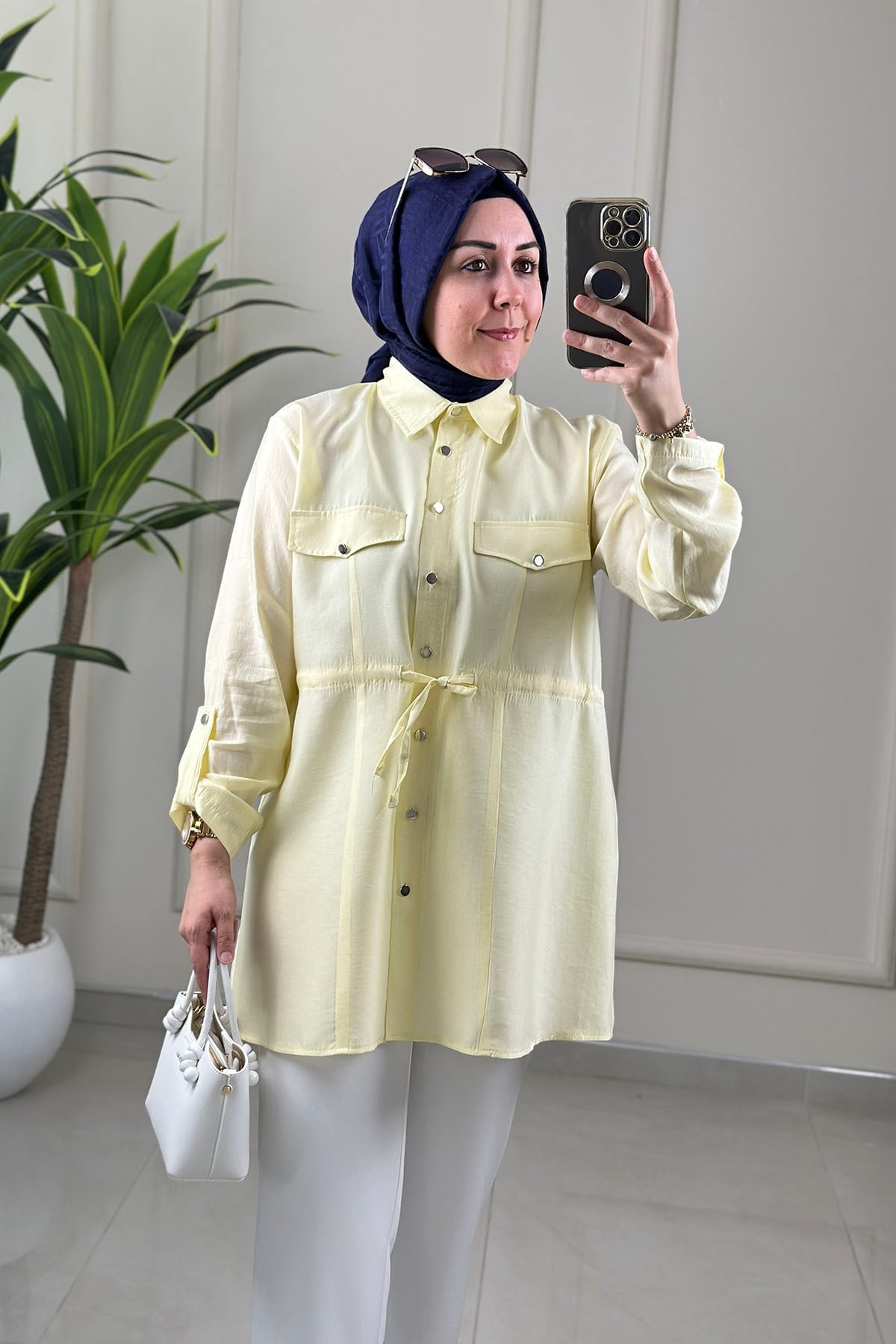 Tesettür Tunik GömlekTensel Önü Düğmeli Katlama Kol Beli Büzgülü Kadın Tunik Sarı EYL 2098