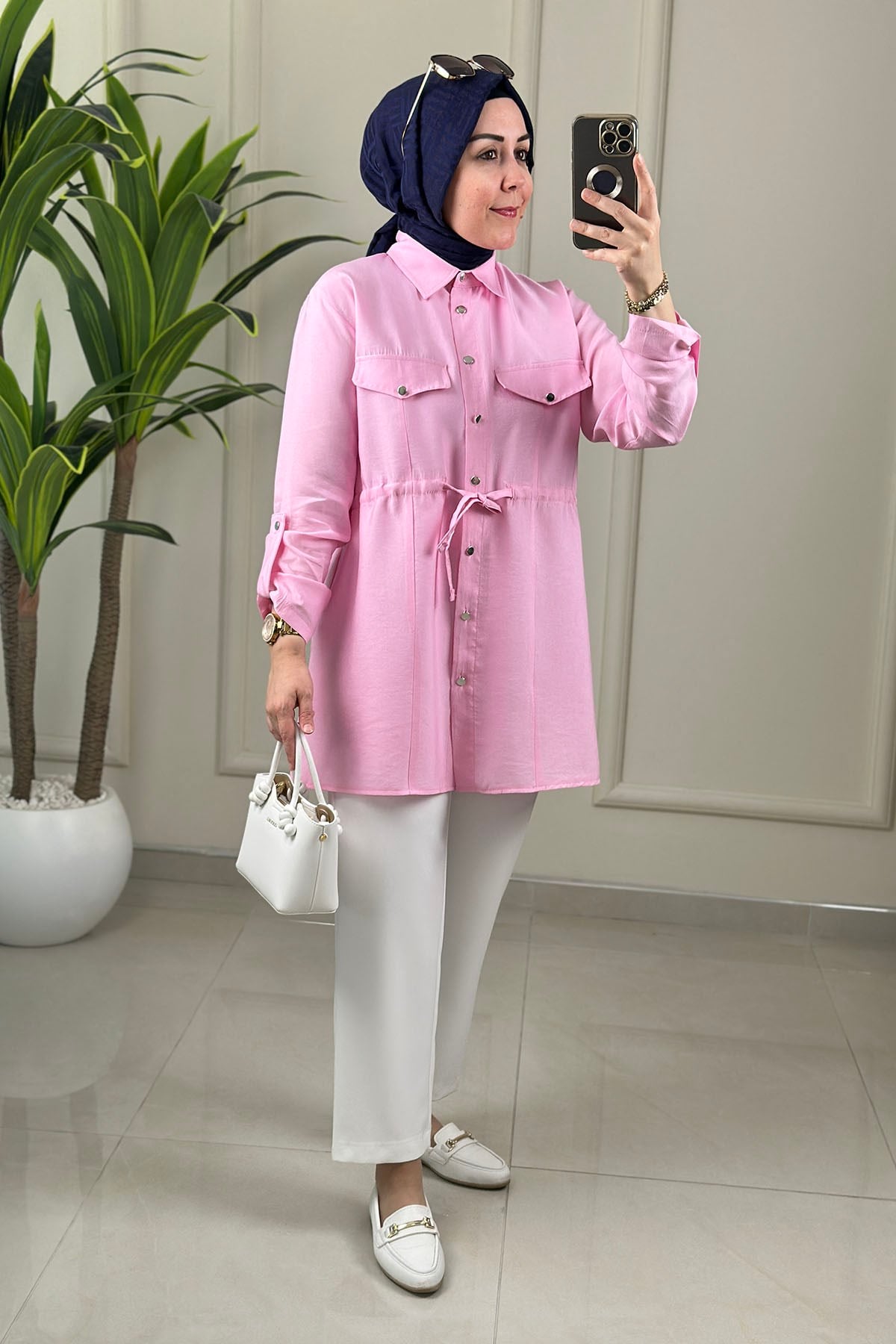 Tesettür Tunik GömlekTensel Önü Düğmeli Katlama Kol Beli Büzgülü Kadın Tunik Pembe EYL 2098