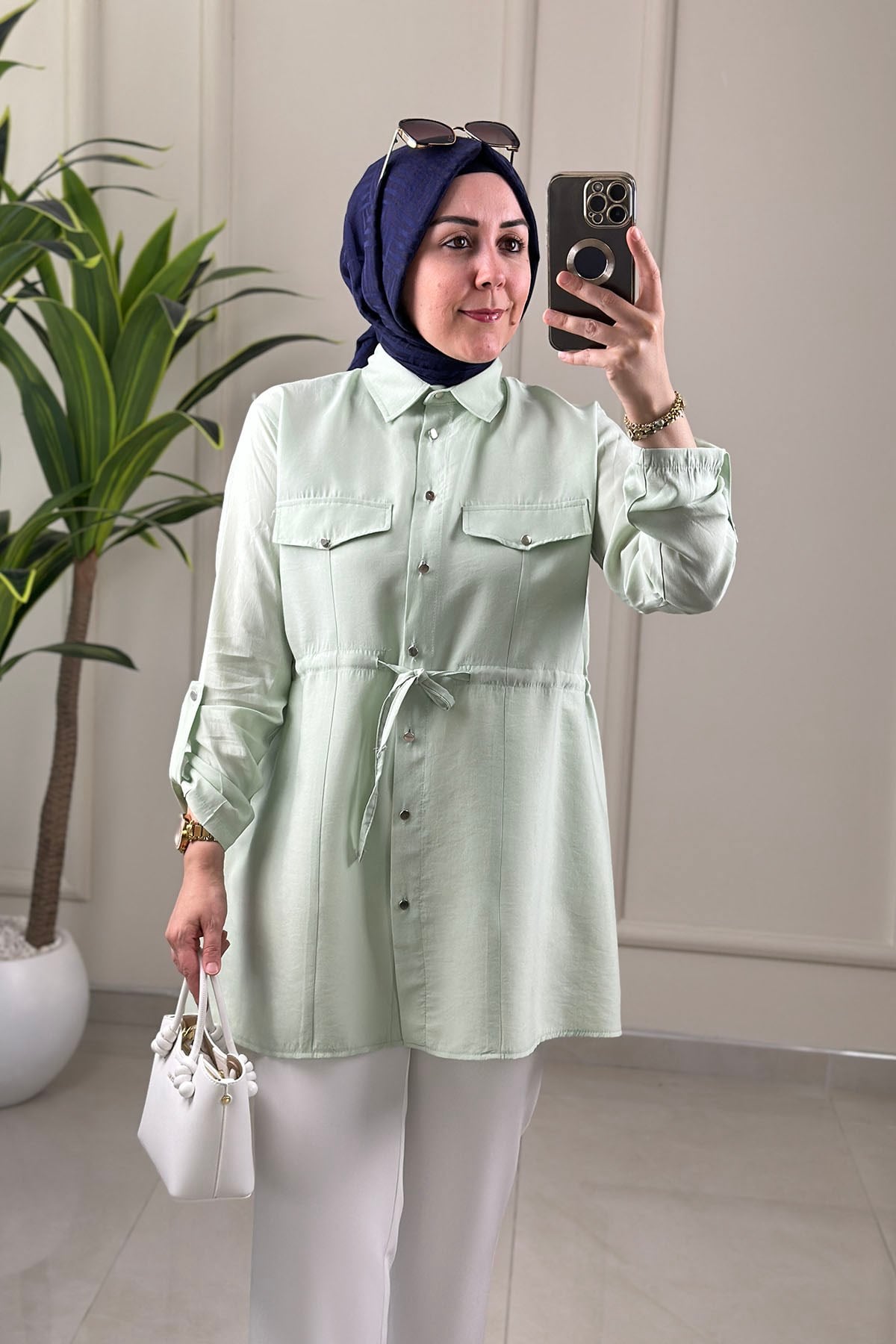 Tesettür Tunik GömlekTensel Önü Düğmeli Katlama Kol Beli Büzgülü Kadın Tunik Yeşil EYL 2098