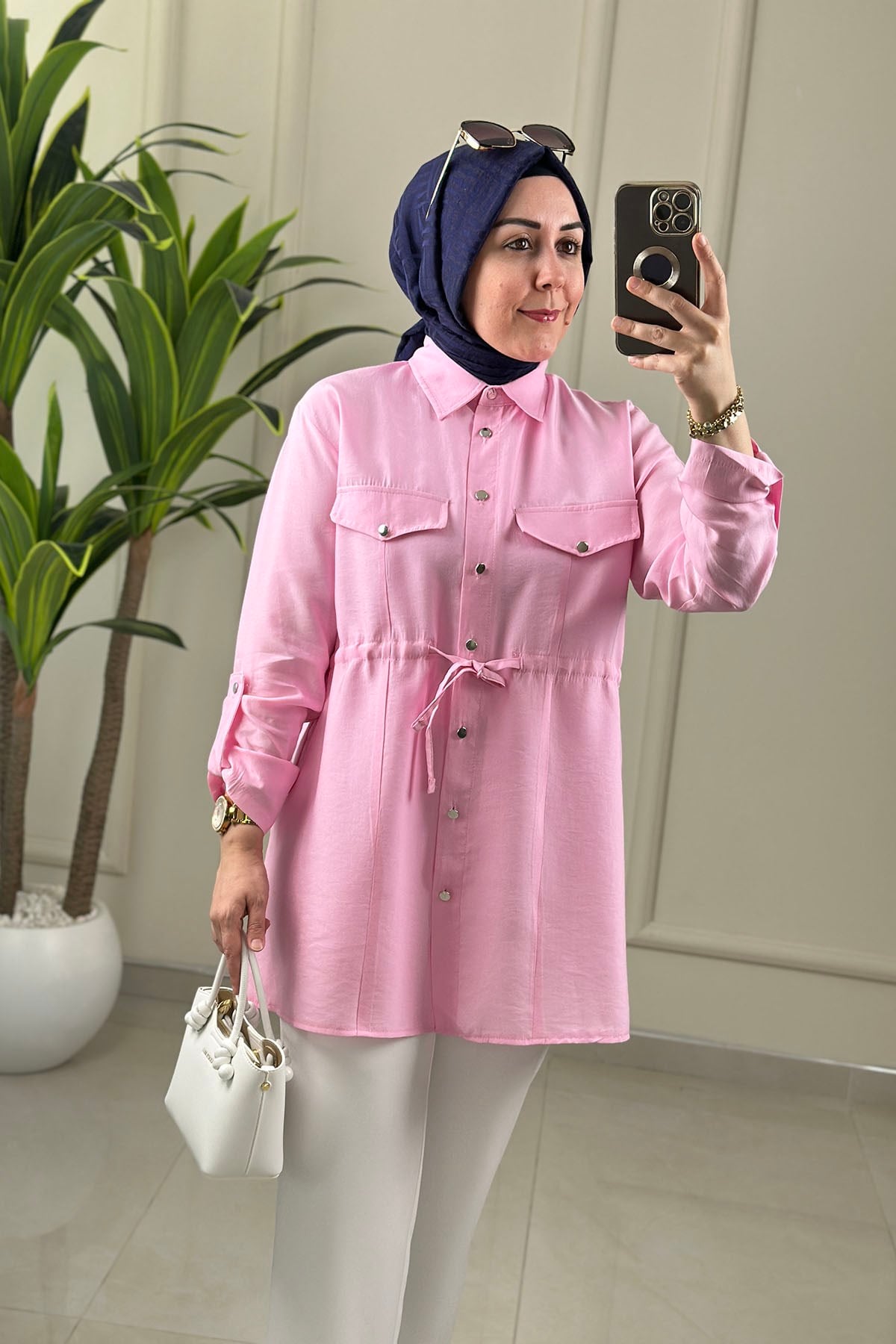 Tesettür Tunik GömlekTensel Önü Düğmeli Katlama Kol Beli Büzgülü Kadın Tunik Pembe EYL 2098