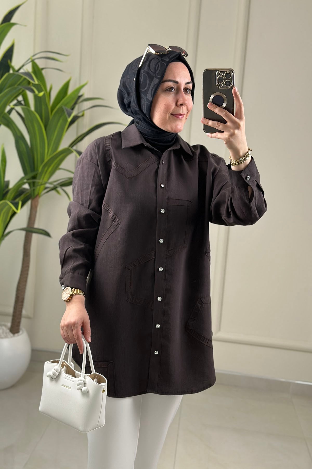 Tesettür Tunik GömlekTensel Önü Düğmeli Şerit Kombinli Kadın Tunik Acı Kahve EYL 2152