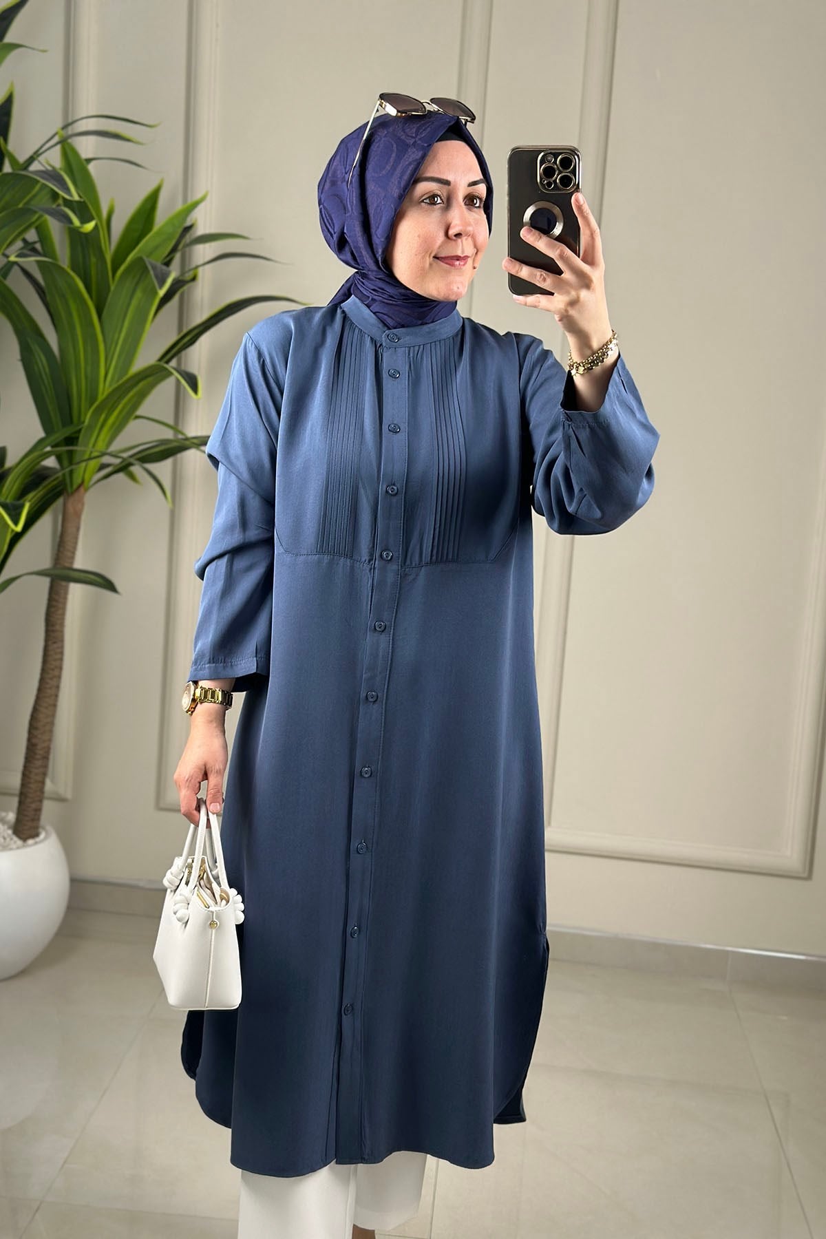 Tesettür Tunik GömlekTensel Önü Nervürlü Düğmeli Kadın Tunik İndigo  EYL 2076