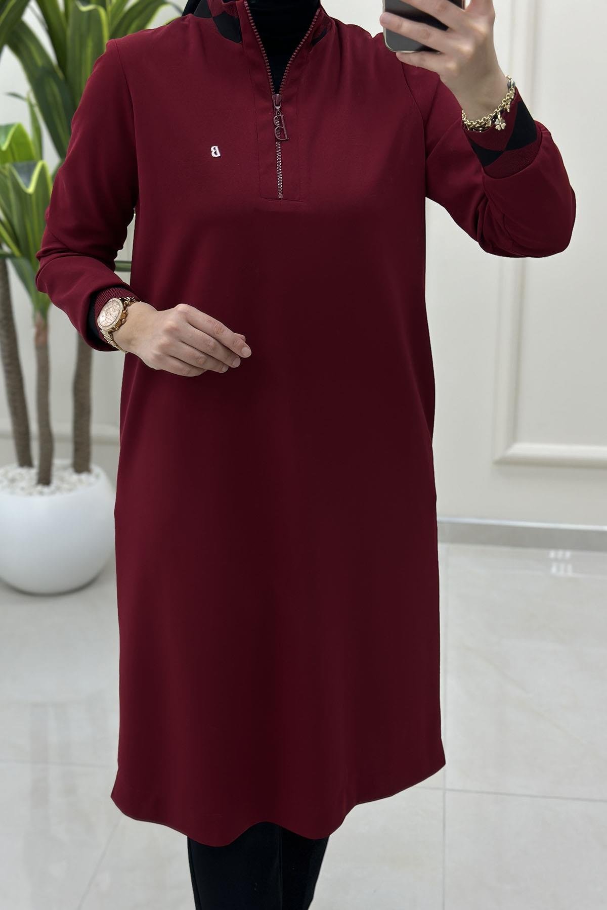 Tesettür Tunik Modelleri Belli Yaka Ve Kol Ribana Detaylı Kadın Tunik Bordo BELLİ 4008