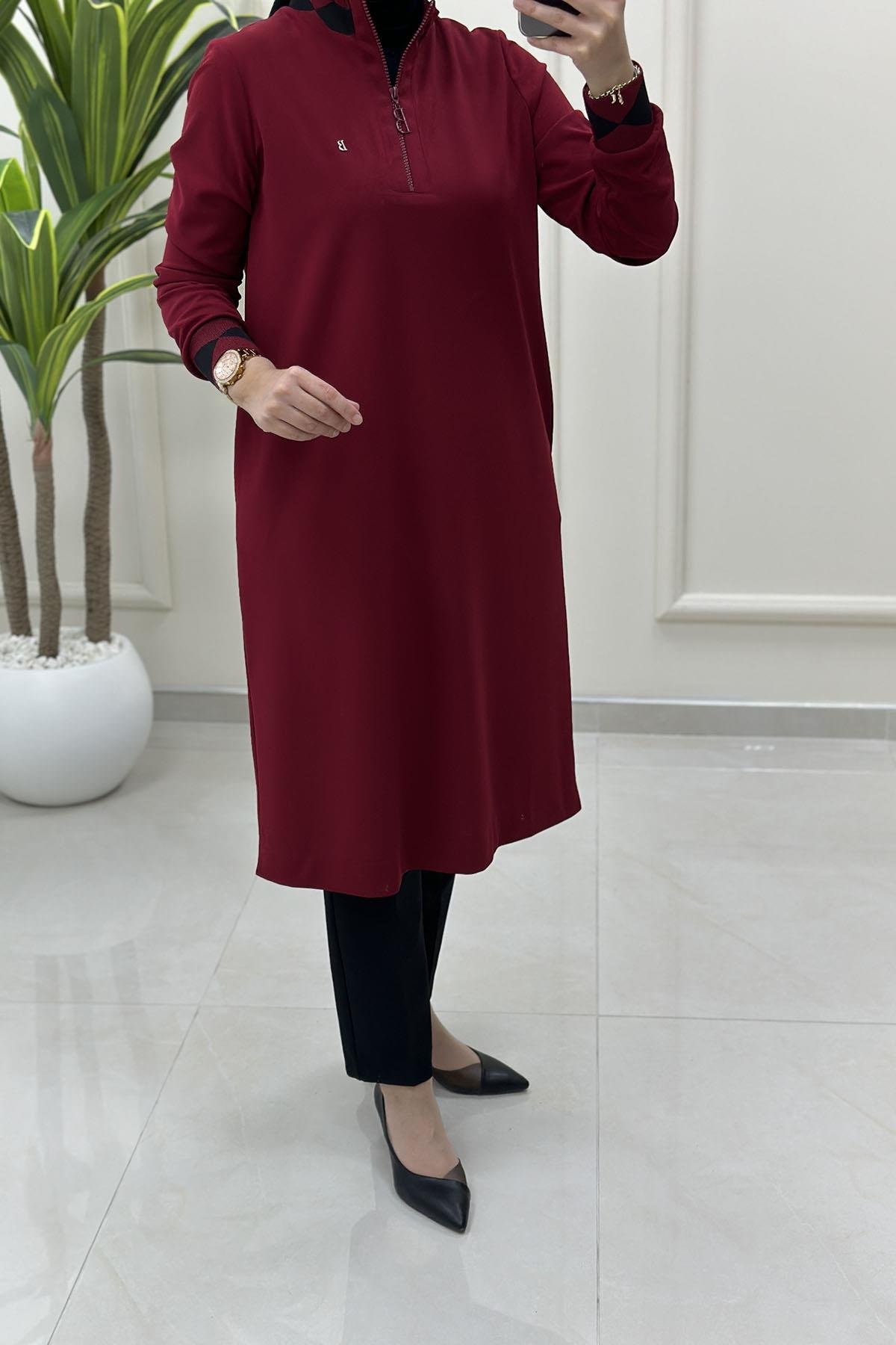 Tesettür Tunik Modelleri Belli Yaka Ve Kol Ribana Detaylı Kadın Tunik Bordo BELLİ 4008