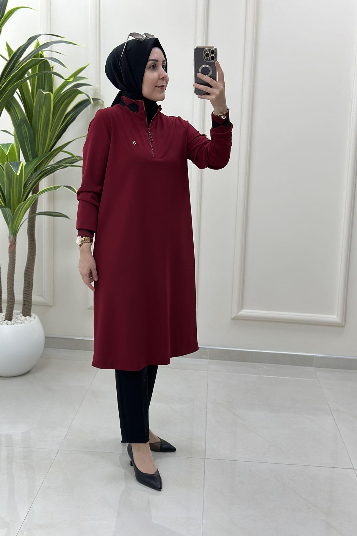Tesettür Tunik Modelleri Belli Yaka Ve Kol Ribana Detaylı Kadın Tunik Bordo BELLİ 4008