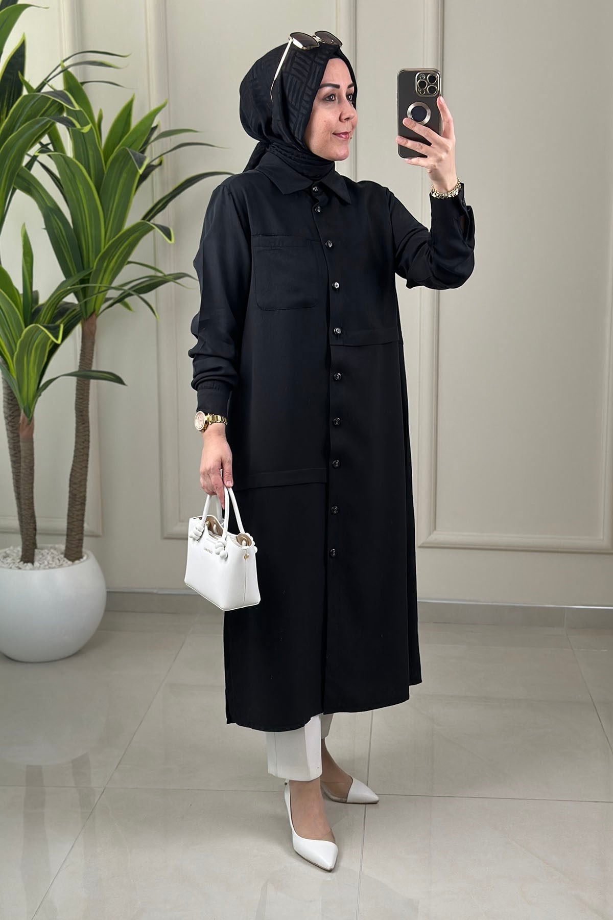 Tesettür Tunik Modelleri Tensel Qupra Önü Düğmeli Uzun Kadın Tunik Siyah KADO 262492