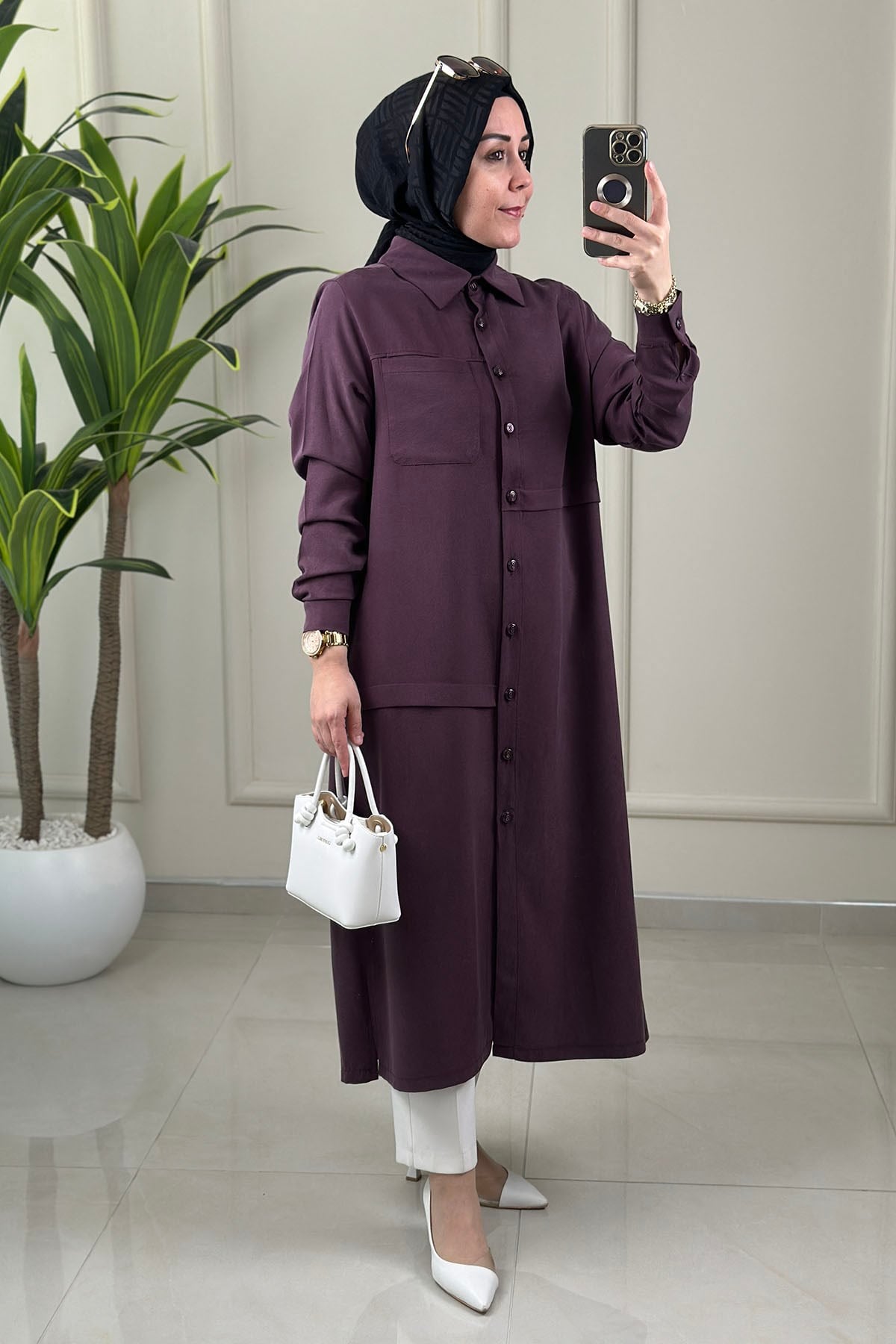 Tesettür Tunik Modelleri Tensel Qupra Önü Düğmeli Uzun Kadın Tunik Mürdüm KADO 262492