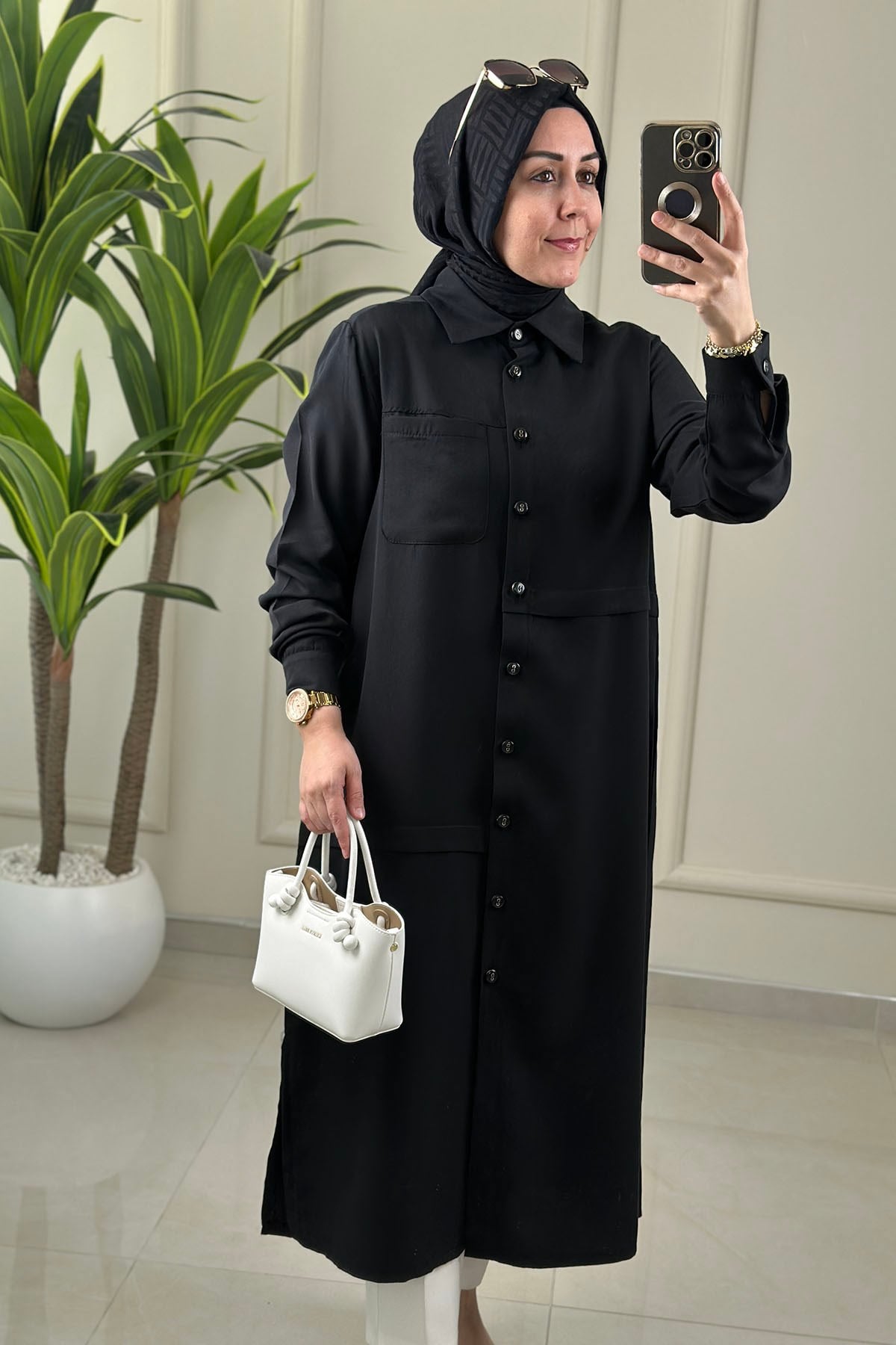 Tesettür Tunik Modelleri Tensel Qupra Önü Düğmeli Uzun Kadın Tunik Siyah KADO 262492