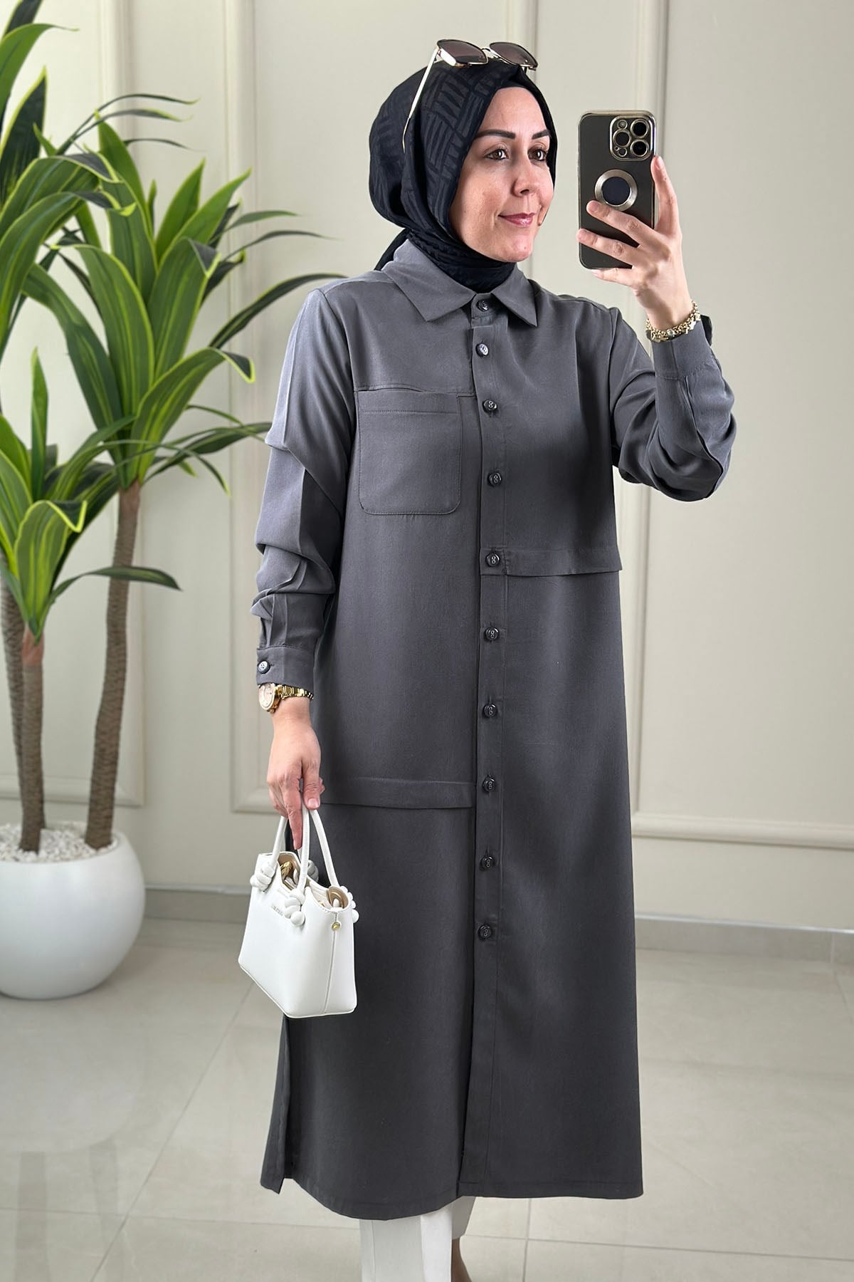 Tesettür Tunik Modelleri Tensel Qupra Önü Düğmeli Uzun Kadın Tunik Antrasit KADO 262492