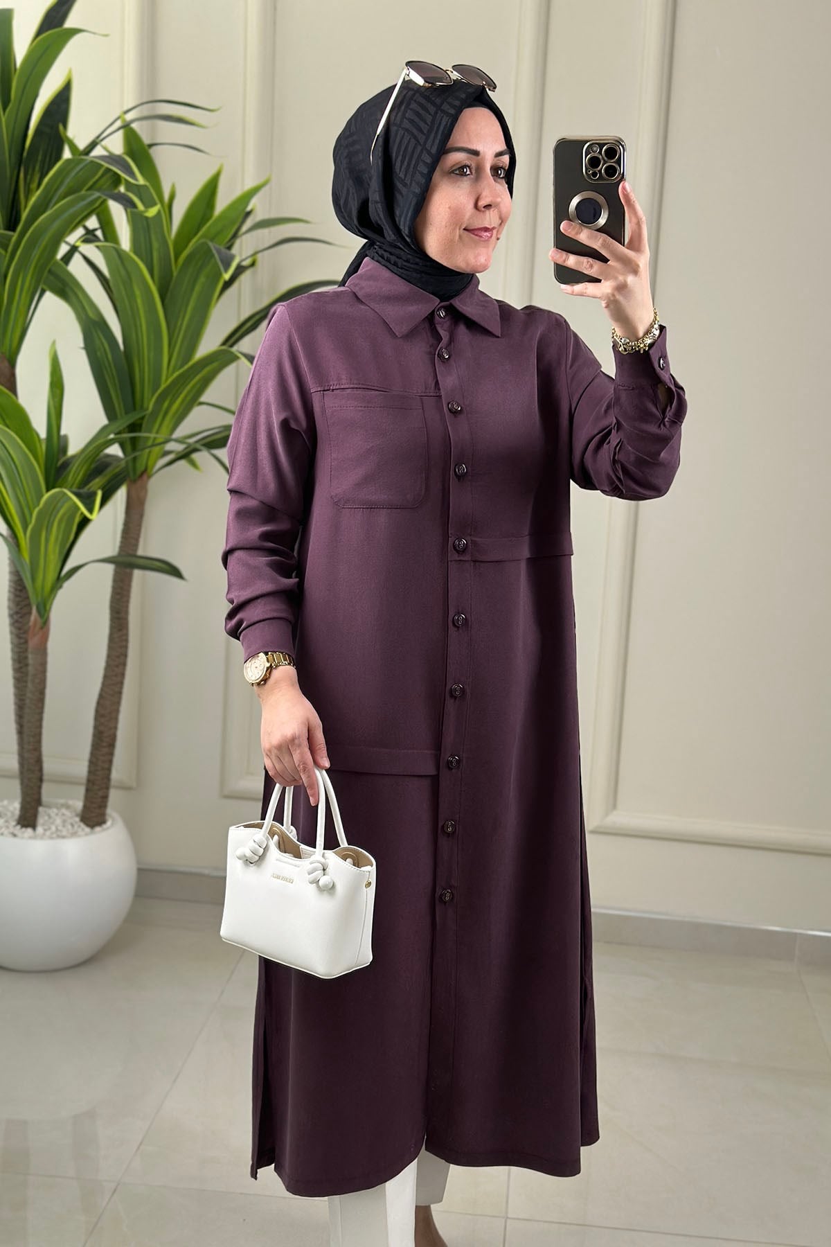 Tesettür Tunik Modelleri Tensel Qupra Önü Düğmeli Uzun Kadın Tunik Mürdüm KADO 262492