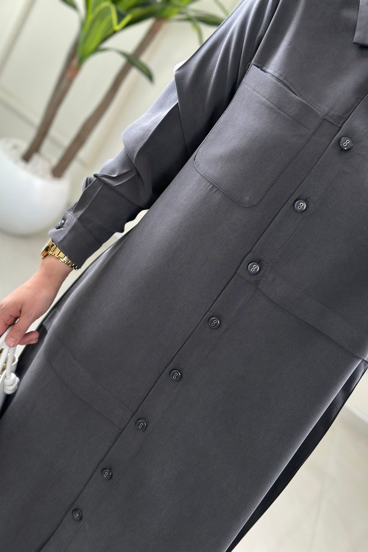 Tesettür Tunik Modelleri Tensel Qupra Önü Düğmeli Uzun Kadın Tunik Antrasit KADO 262492