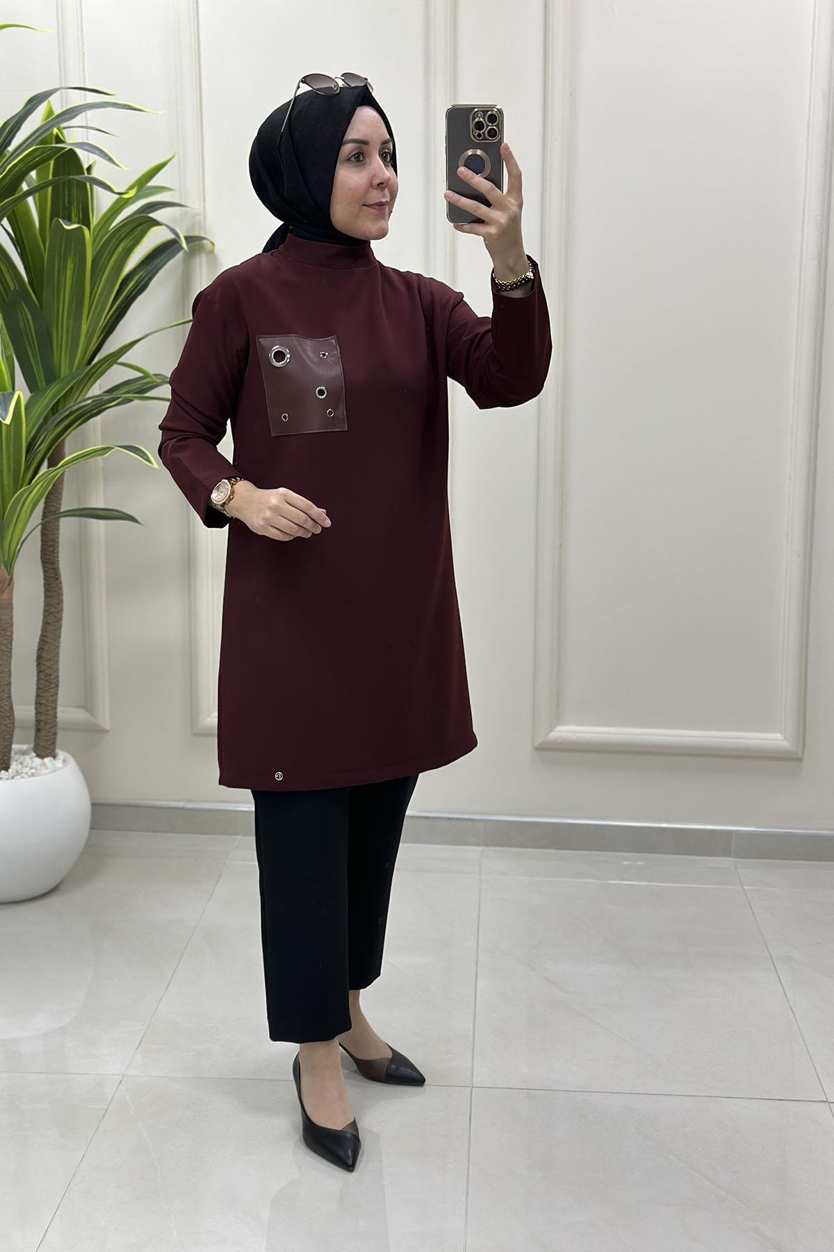 Tesettür Tunik ModelleriArmine Trend Düşük Omuz Deri Kombinli Kadın Tunik Bordo ARM 438