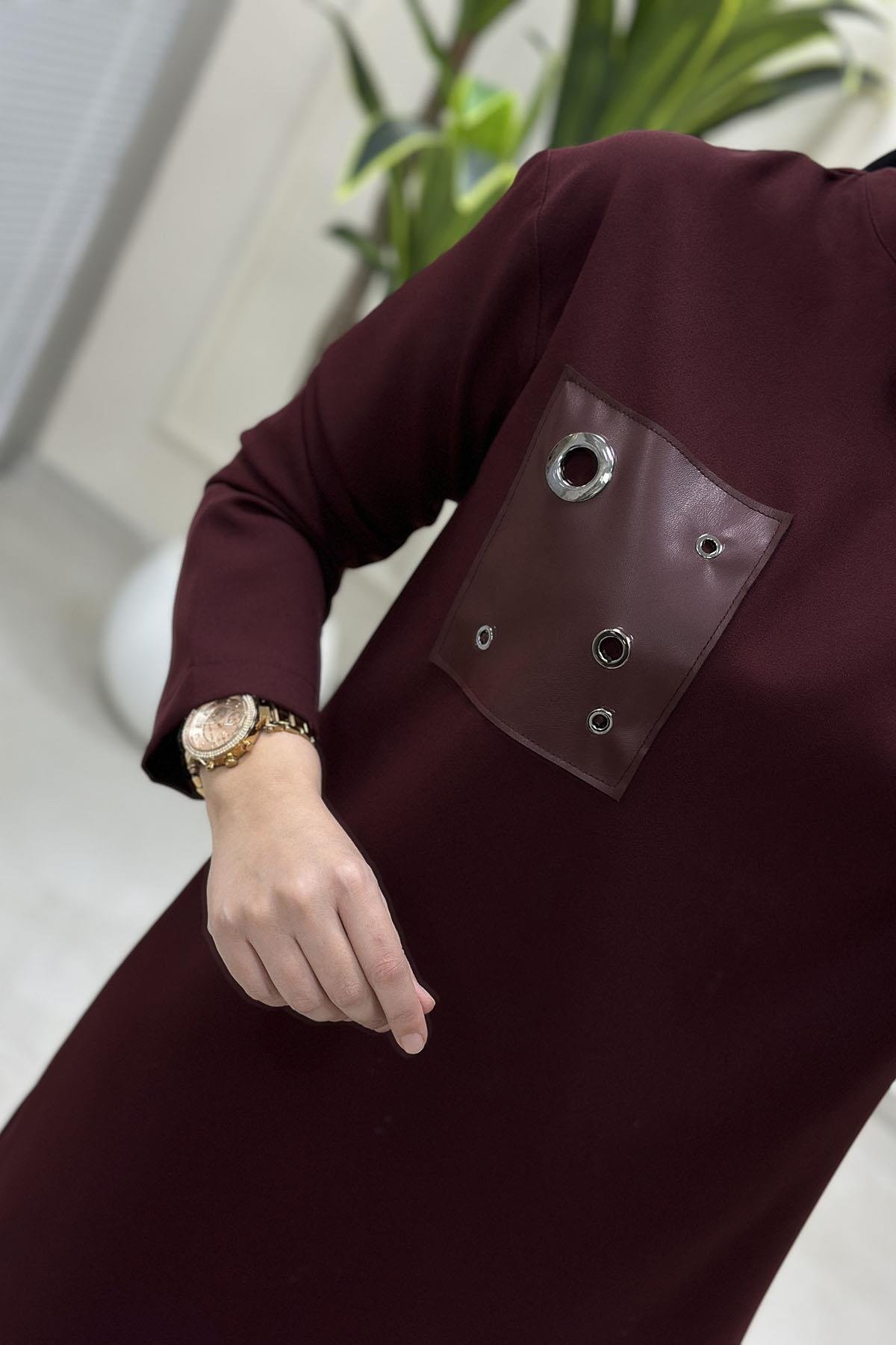 Tesettür Tunik ModelleriArmine Trend Düşük Omuz Deri Kombinli Kadın Tunik Bordo ARM 438