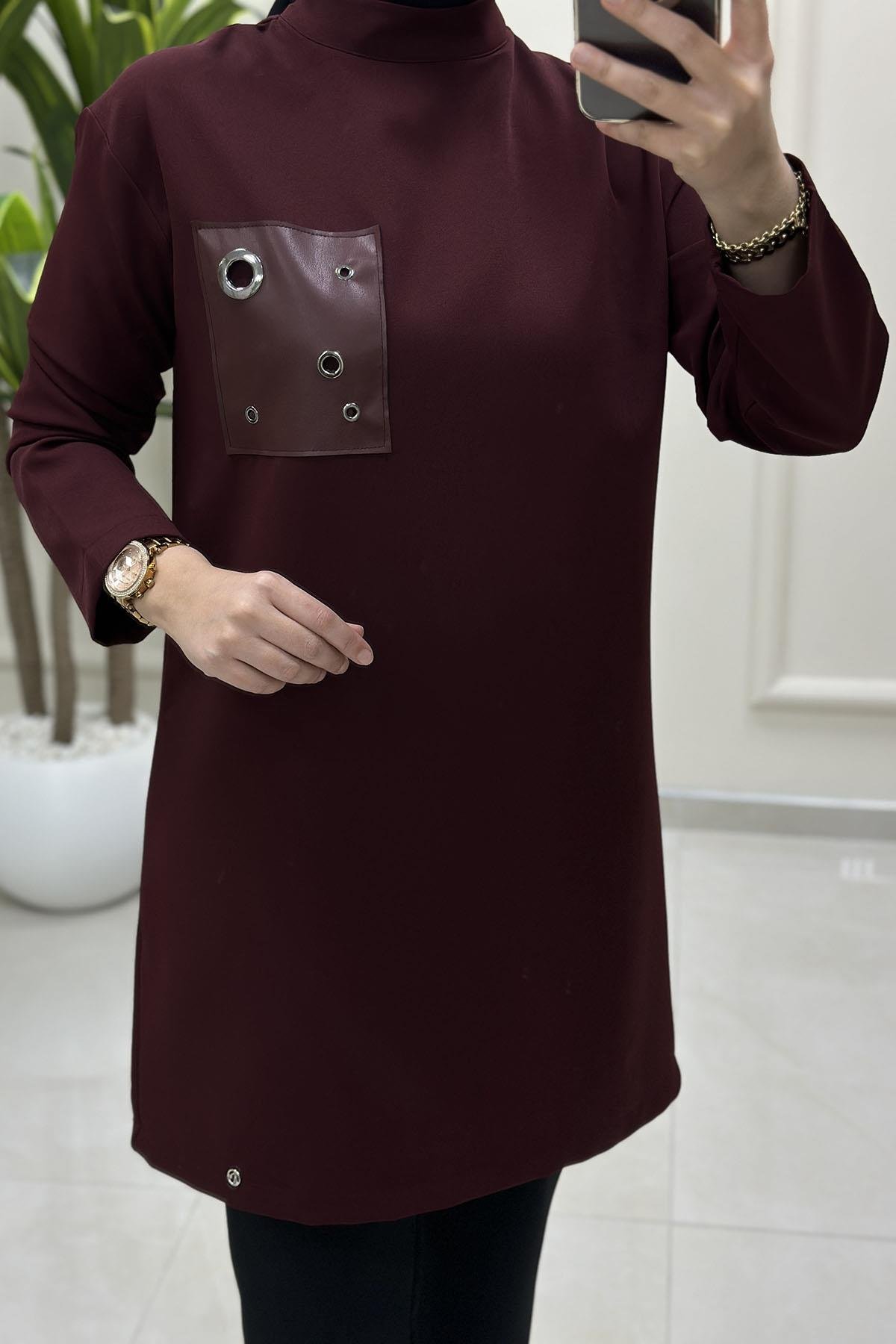 Tesettür Tunik ModelleriArmine Trend Düşük Omuz Deri Kombinli Kadın Tunik Bordo ARM 438