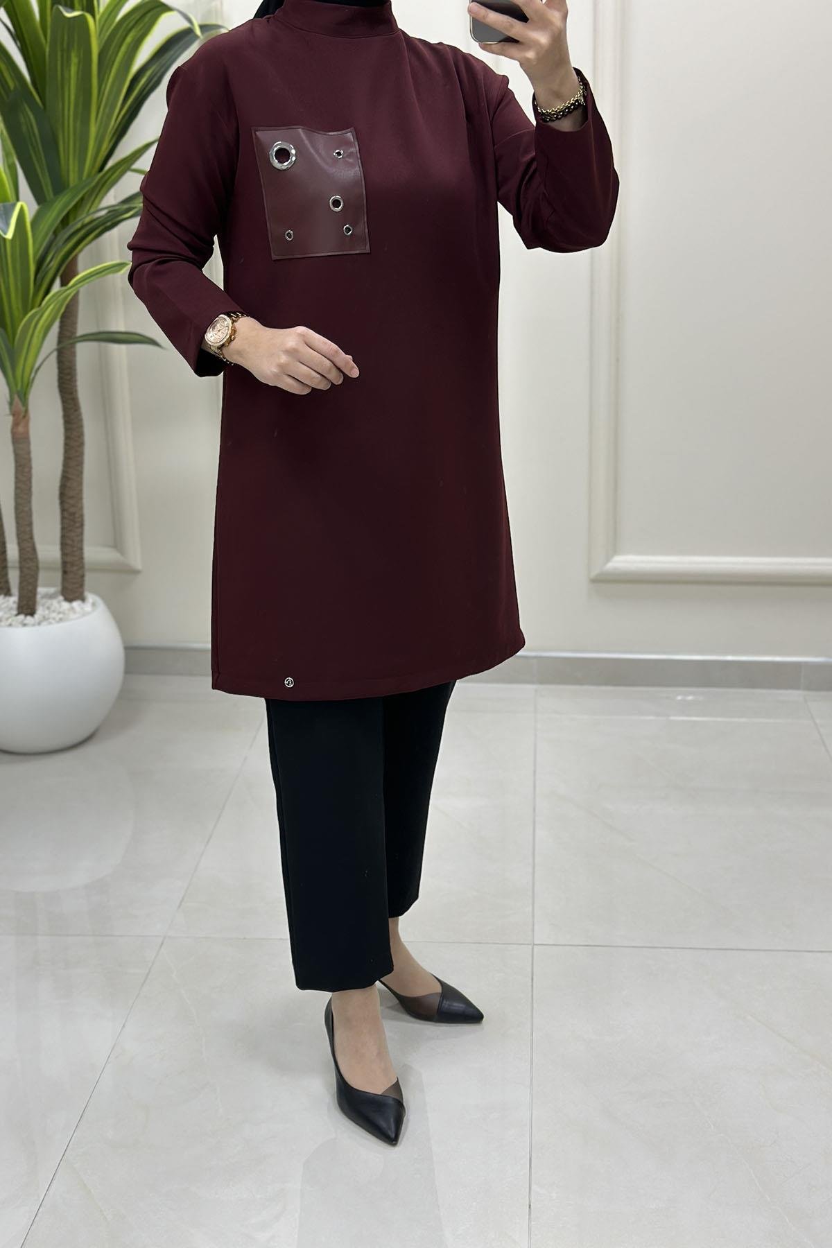 Tesettür Tunik ModelleriArmine Trend Düşük Omuz Deri Kombinli Kadın Tunik Bordo ARM 438