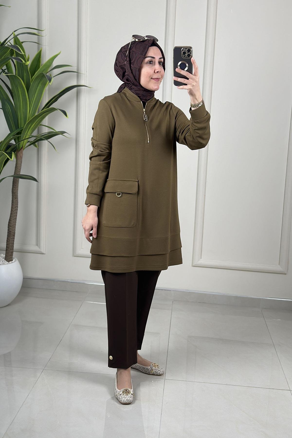 Tesettür Tunik ModelleriArmine Trend Önü Yarım Fermuarlı Cep Detaylı Kadın Modal Tunik Yağ Yeşili ARM 463