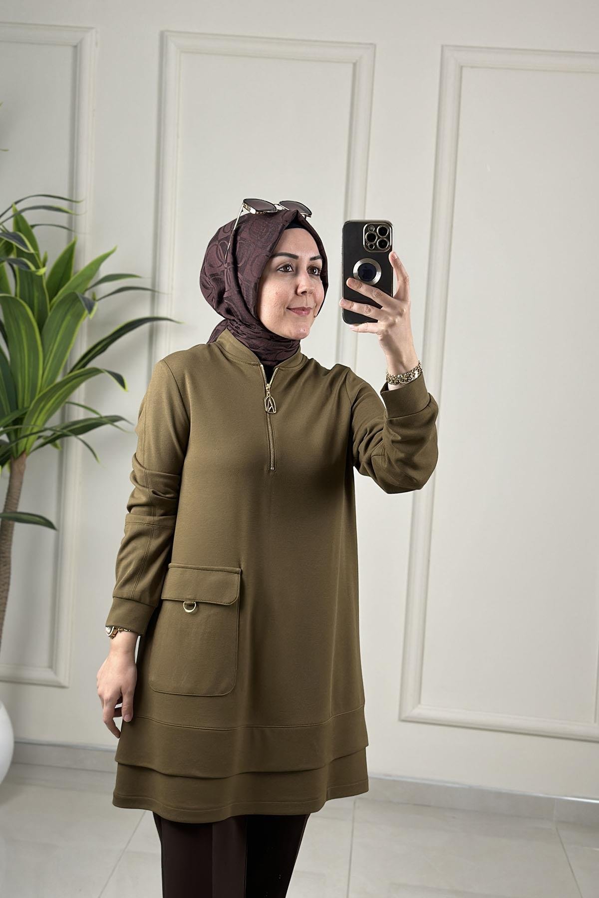 Tesettür Tunik ModelleriArmine Trend Önü Yarım Fermuarlı Cep Detaylı Kadın Modal Tunik Yağ Yeşili ARM 463