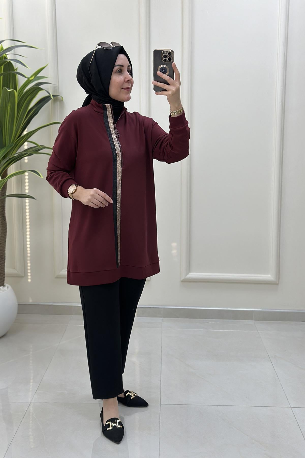 Tesettür Tunik ModelleriArmine Trend Önü Yarım Fermuarlı Kadın Modal Tunik Bordo ARM 407