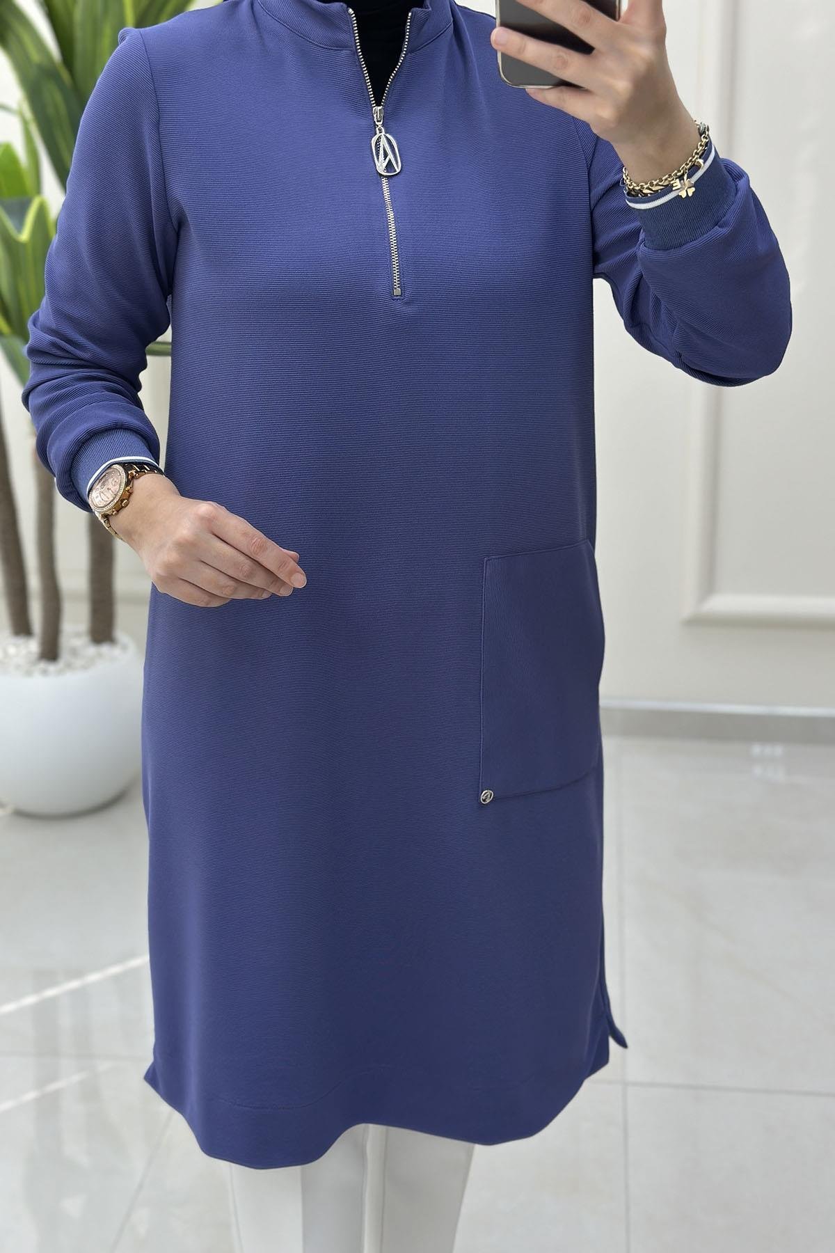 Tesettür Tunik ModelleriArmine Trend Önü Yarım Fermuarlı Ribanalı Kadın Tunik Mor ARM 443