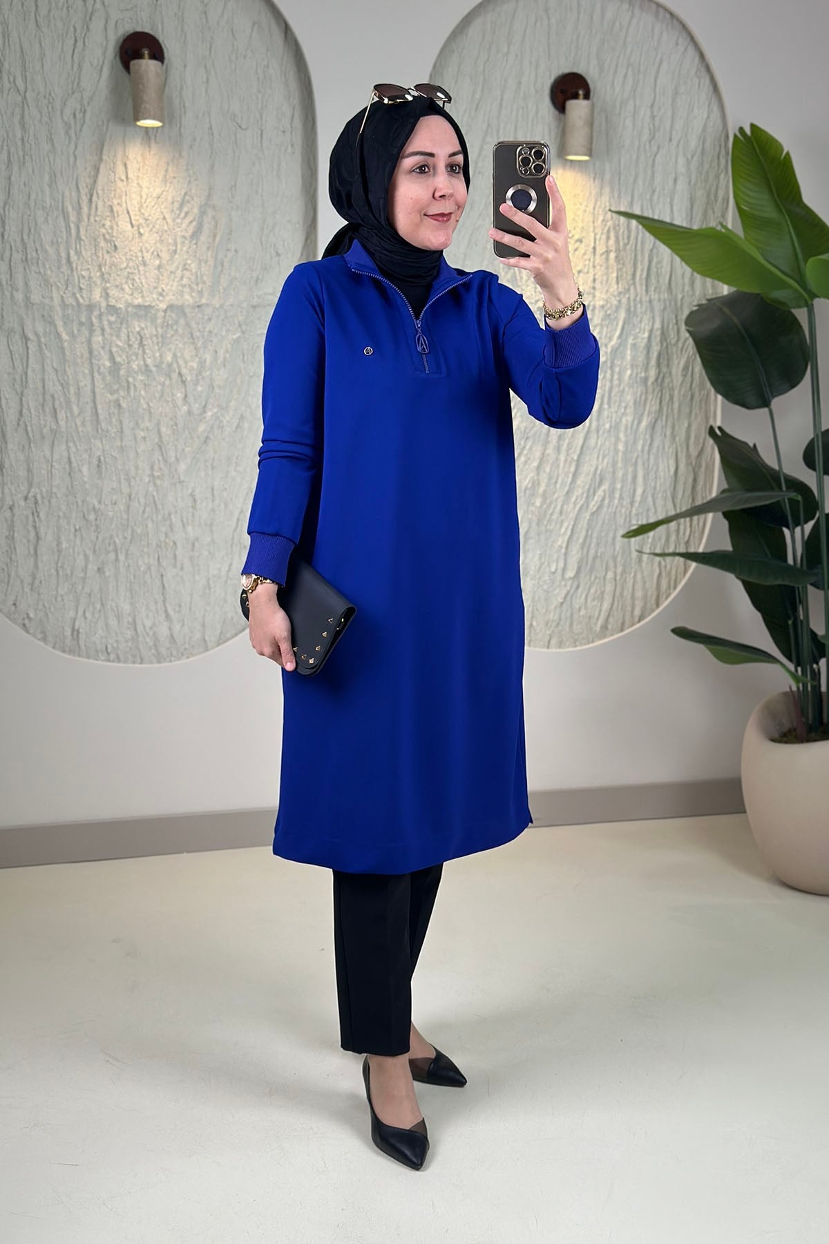 Tesettür Tunik ModelleriArmine Trend Önü Yarım Fermuarlı Ribanalı Kadın Tunik Morcivert  ARM 456