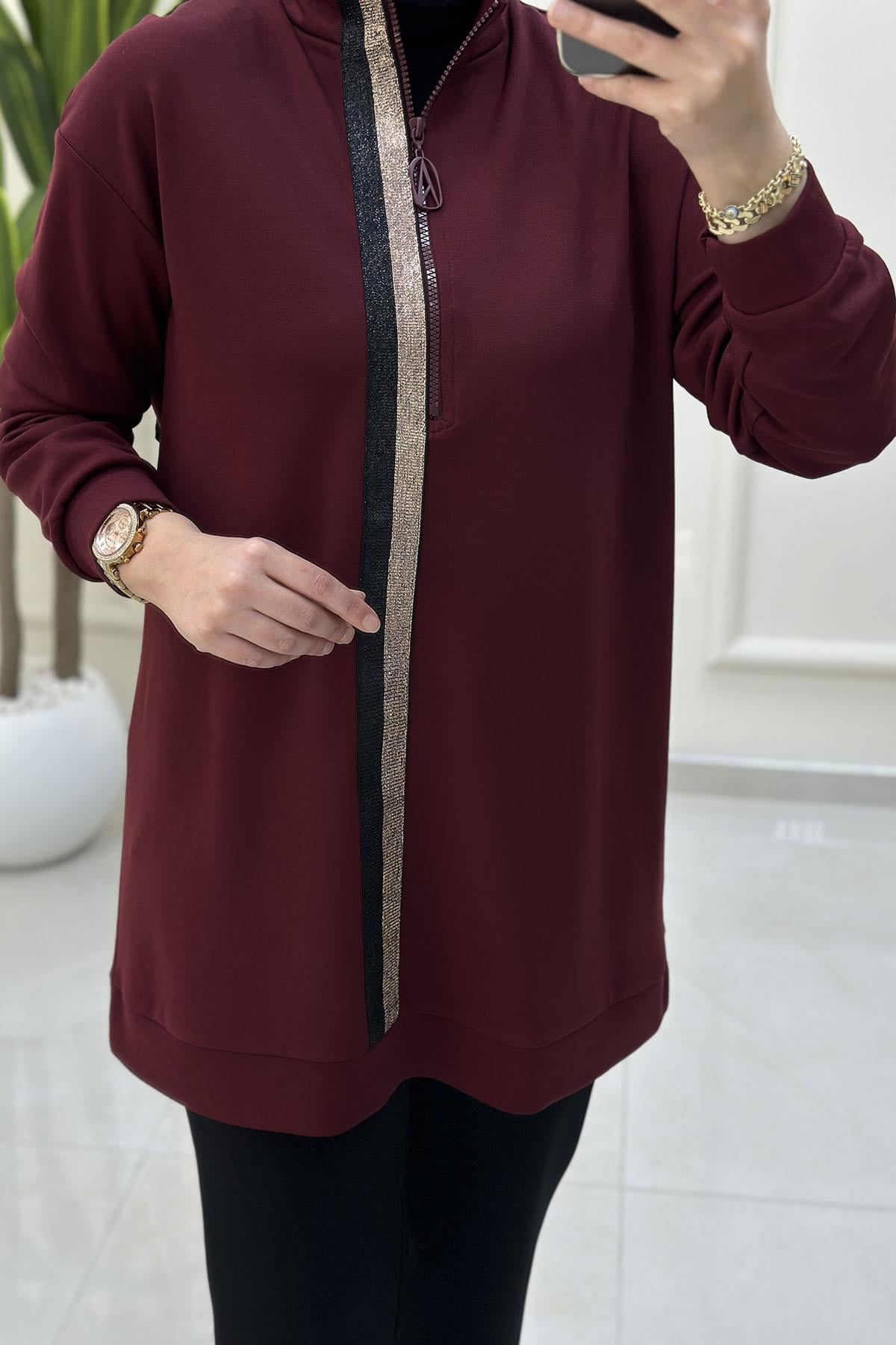 Tesettür Tunik ModelleriArmine Trend Önü Yarım Fermuarlı Kadın Modal Tunik Bordo ARM 407