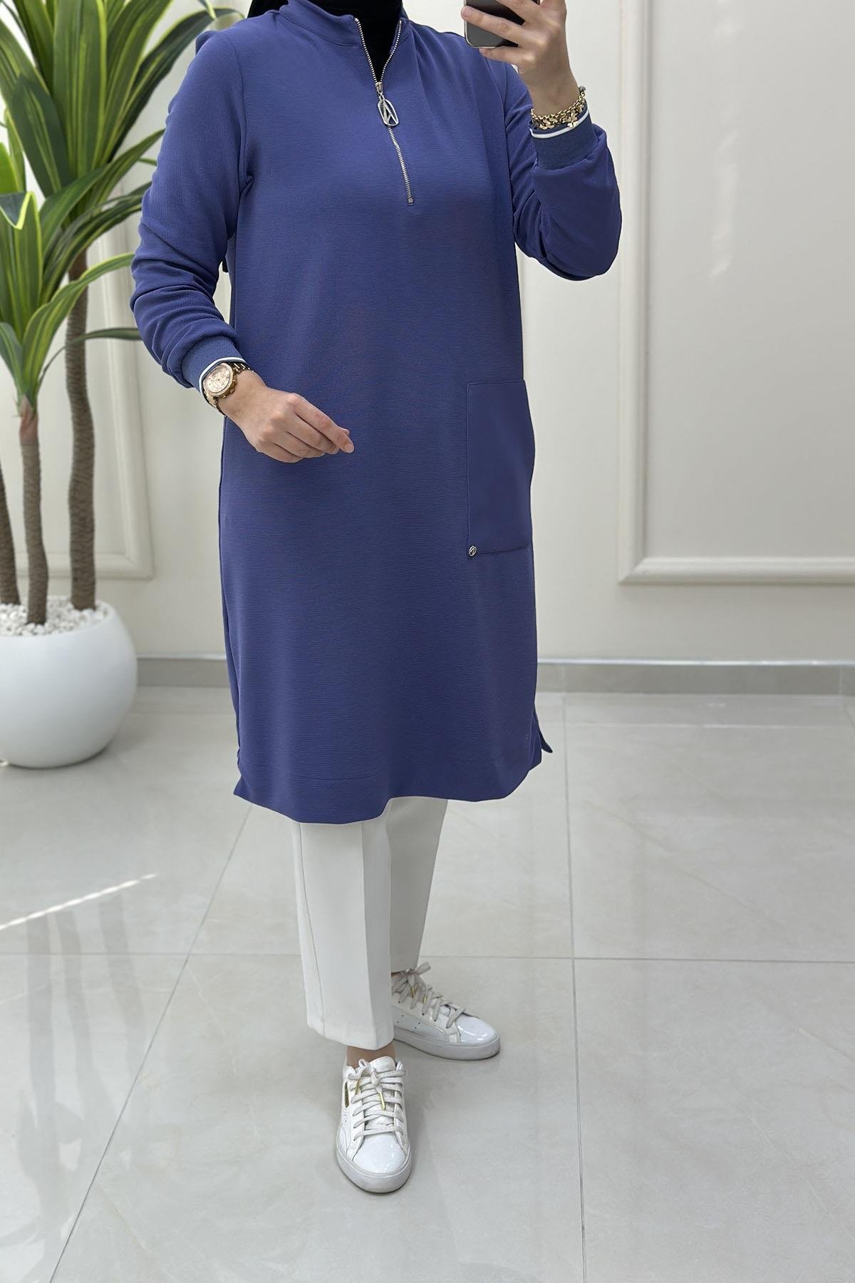 Tesettür Tunik ModelleriArmine Trend Önü Yarım Fermuarlı Ribanalı Kadın Tunik Mor ARM 443