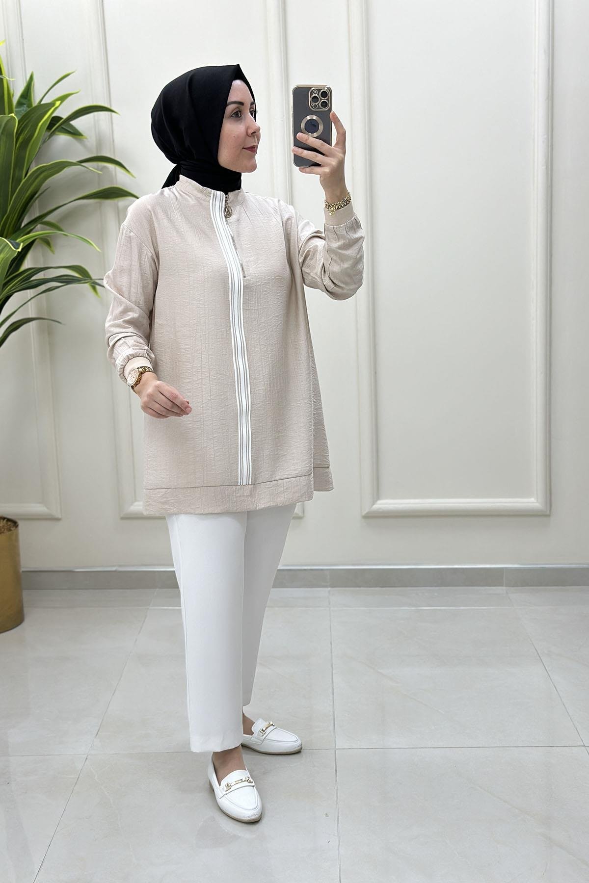Tesettür Tunik ModelleriArmine Trend Önü Ribana ve Fermuar Detaylı Kadın Tunik Taş ARM 4139