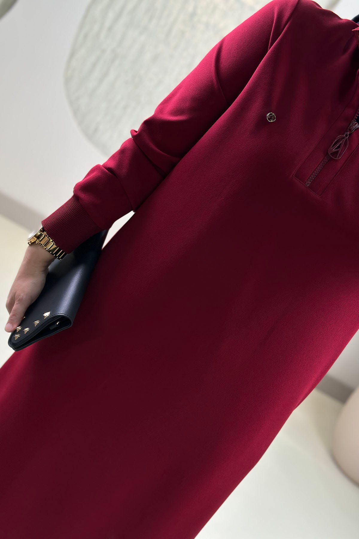 Tesettür Tunik ModelleriArmine Trend Önü Yarım Fermuarlı Ribanalı Kadın Tunik Bordo ARM 456