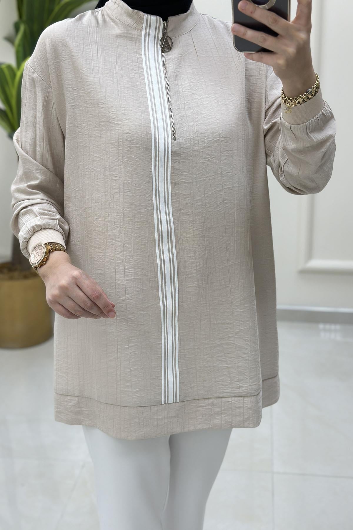 Tesettür Tunik ModelleriArmine Trend Önü Ribana ve Fermuar Detaylı Kadın Tunik Taş ARM 4139