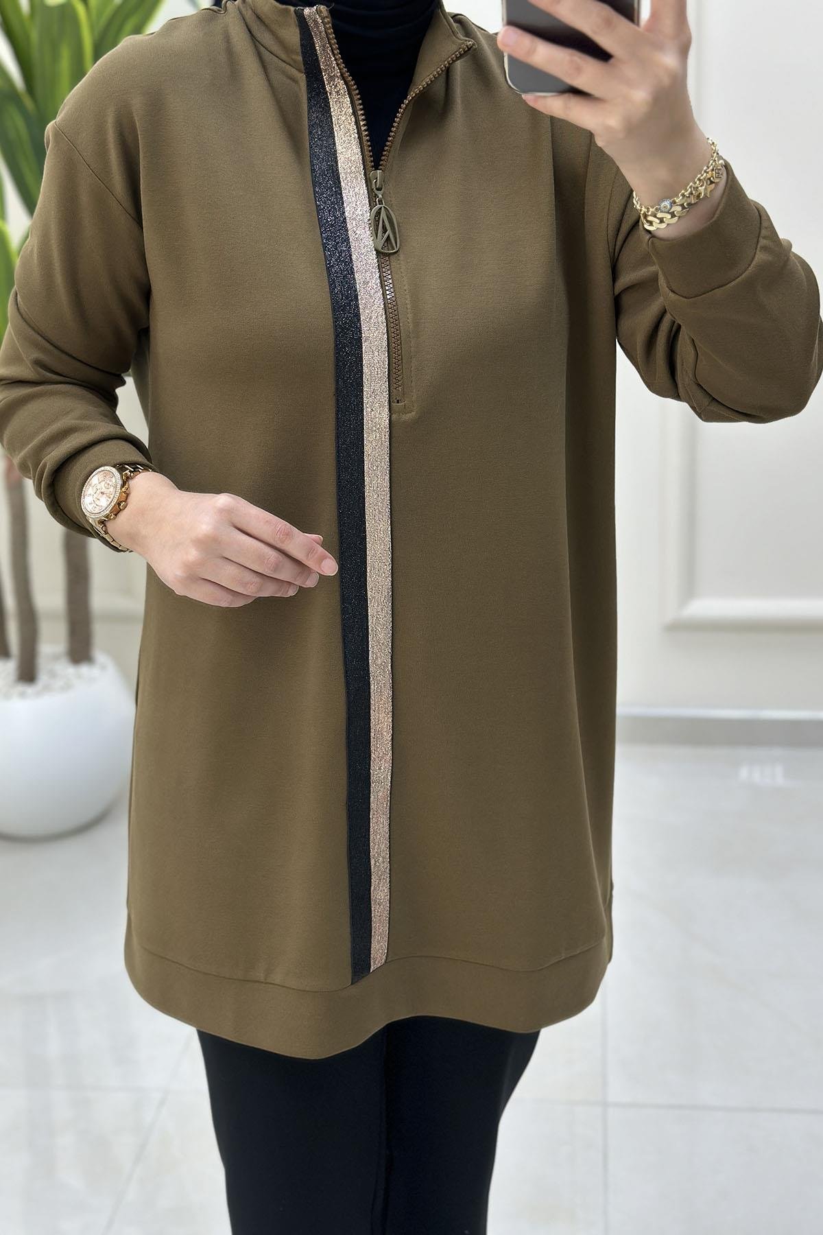 Tesettür Tunik ModelleriArmine Trend Önü Yarım Fermuarlı Kadın Modal Tunik Yağ Yeşili ARM 407