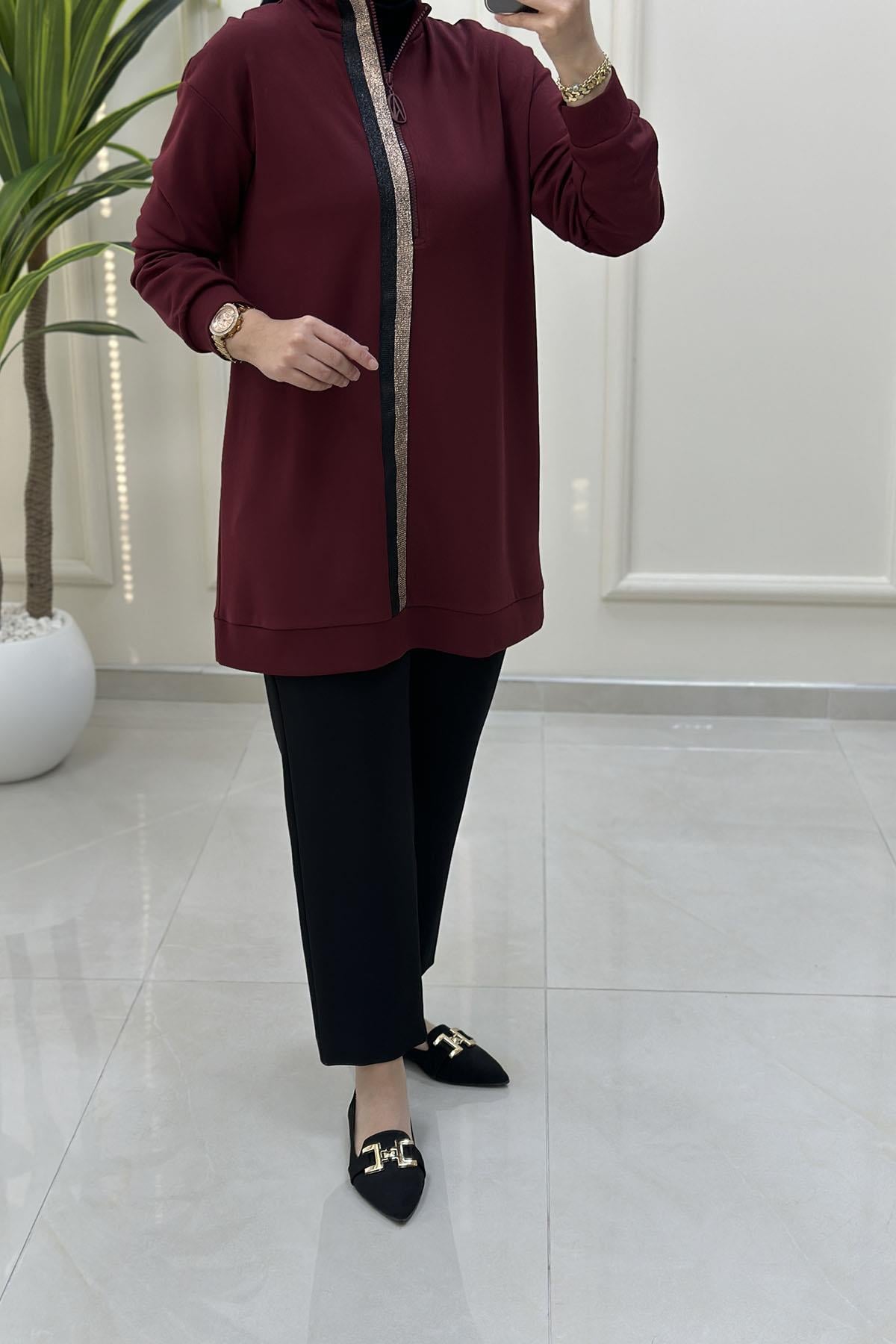 Tesettür Tunik ModelleriArmine Trend Önü Yarım Fermuarlı Kadın Modal Tunik Bordo ARM 407