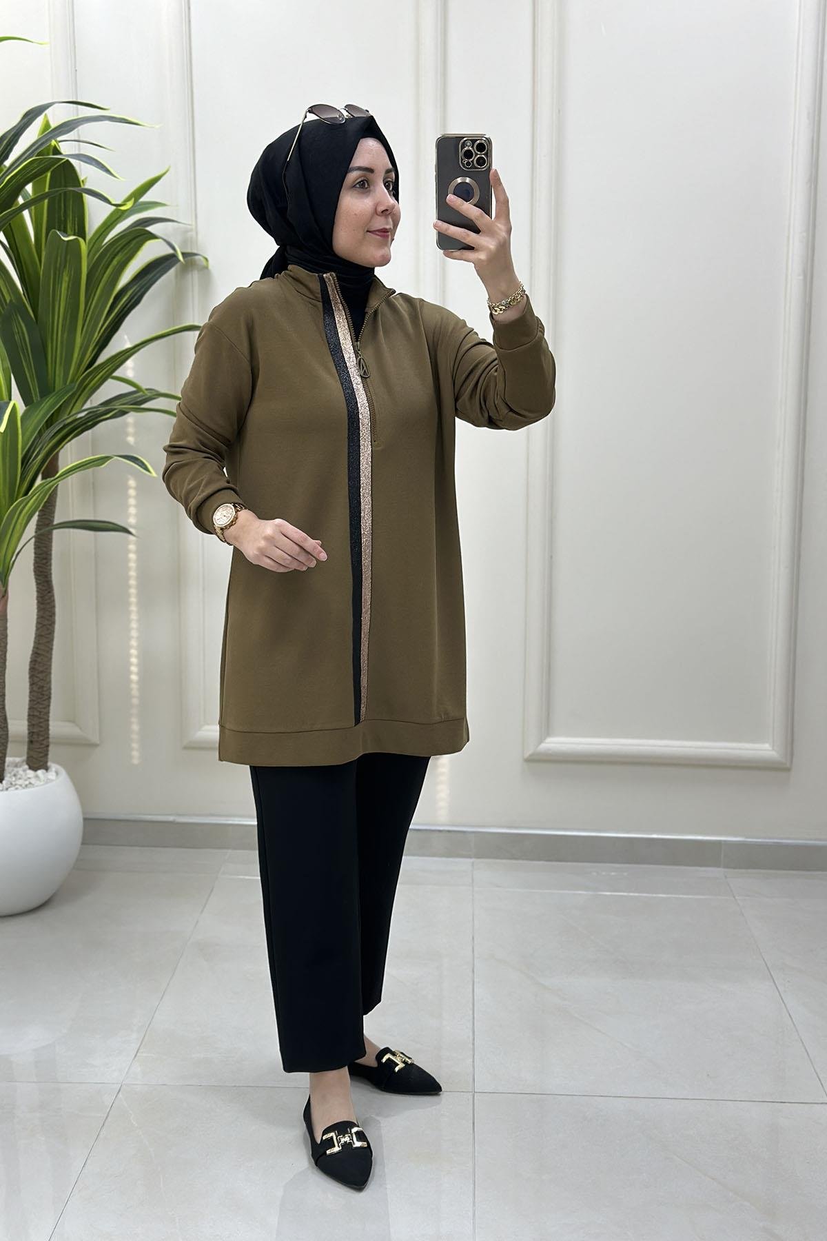 Tesettür Tunik ModelleriArmine Trend Önü Yarım Fermuarlı Kadın Modal Tunik Yağ Yeşili ARM 407