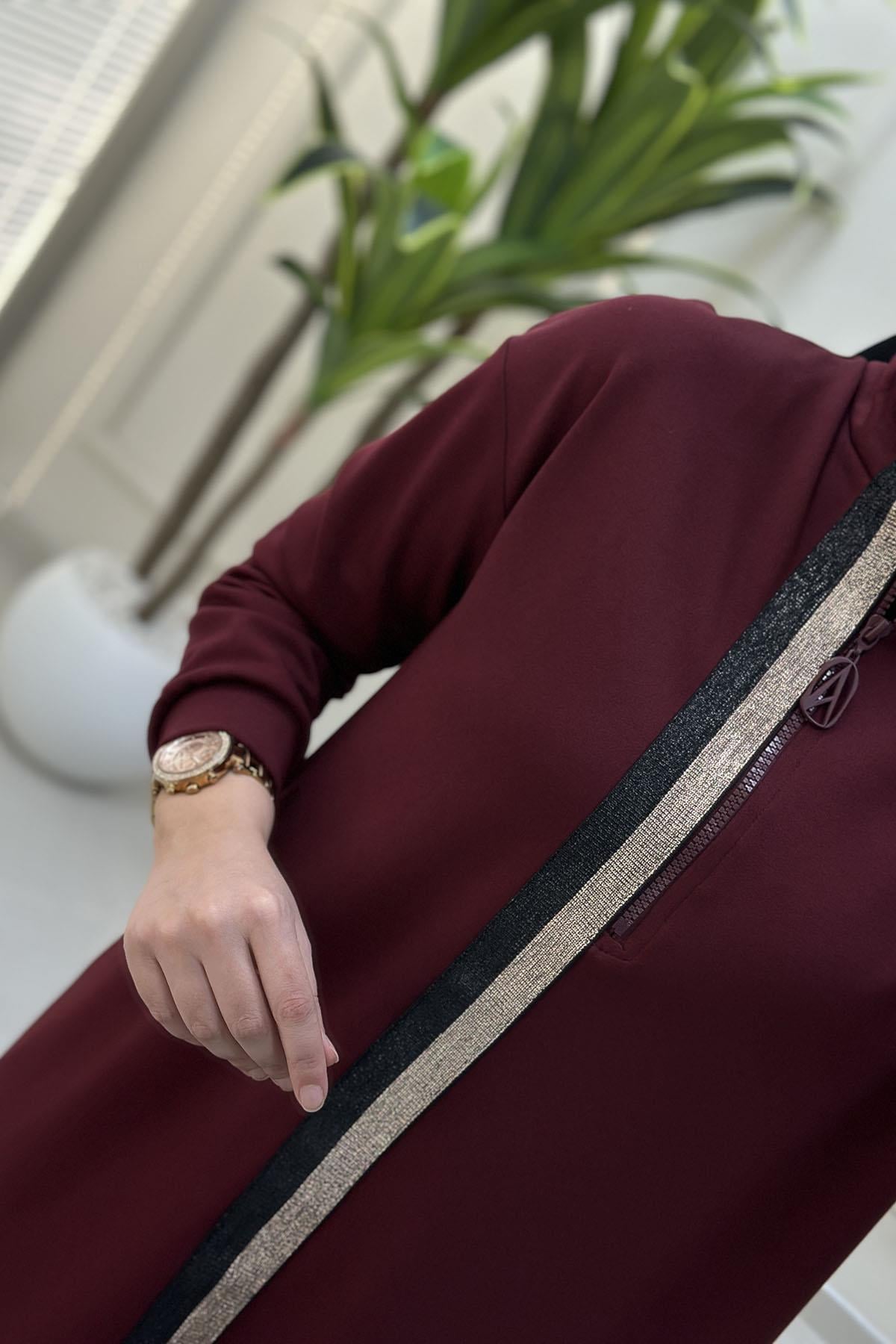 Tesettür Tunik ModelleriArmine Trend Önü Yarım Fermuarlı Kadın Modal Tunik Bordo ARM 407