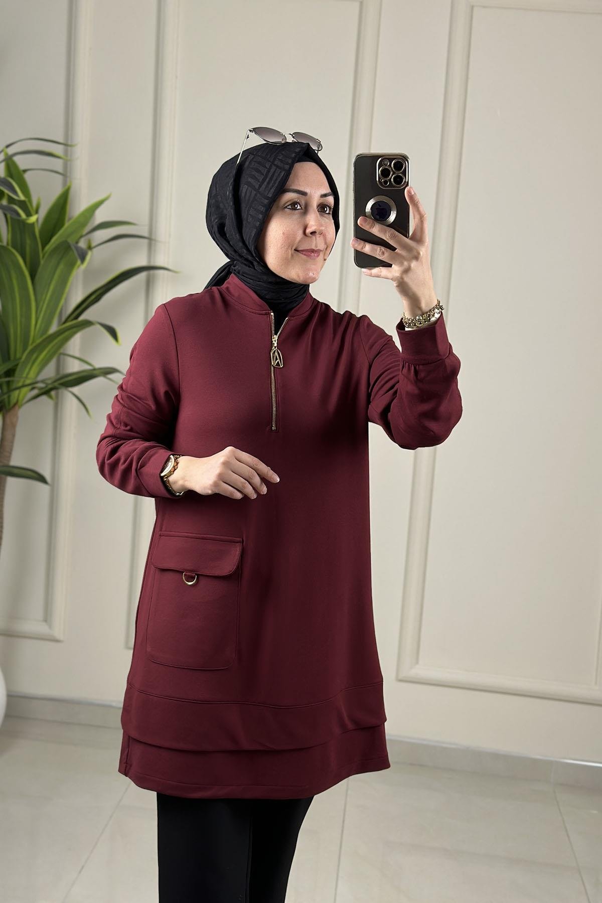 Tesettür Tunik ModelleriArmine Trend Önü Yarım Fermuarlı Cep Detaylı Kadın Modal Tunik Bordo ARM 463