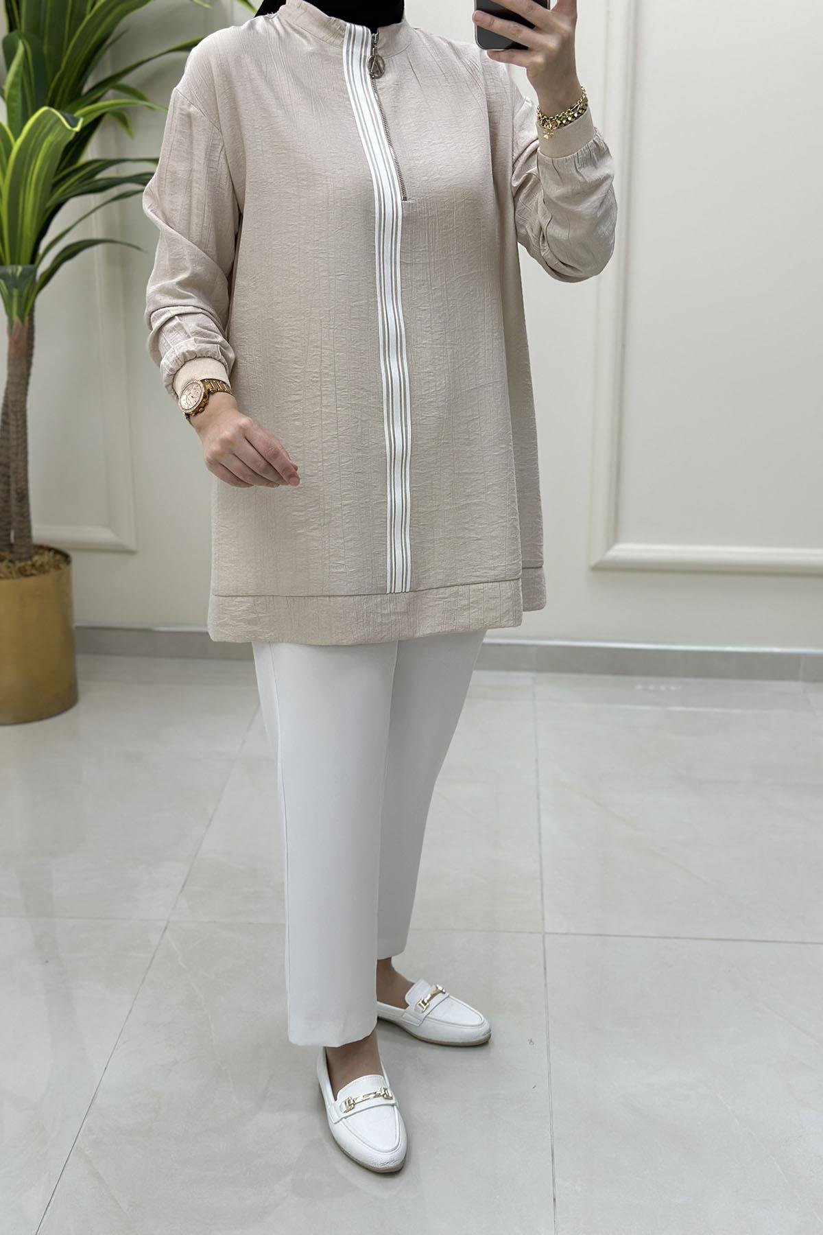Tesettür Tunik ModelleriArmine Trend Önü Ribana ve Fermuar Detaylı Kadın Tunik Taş ARM 4139