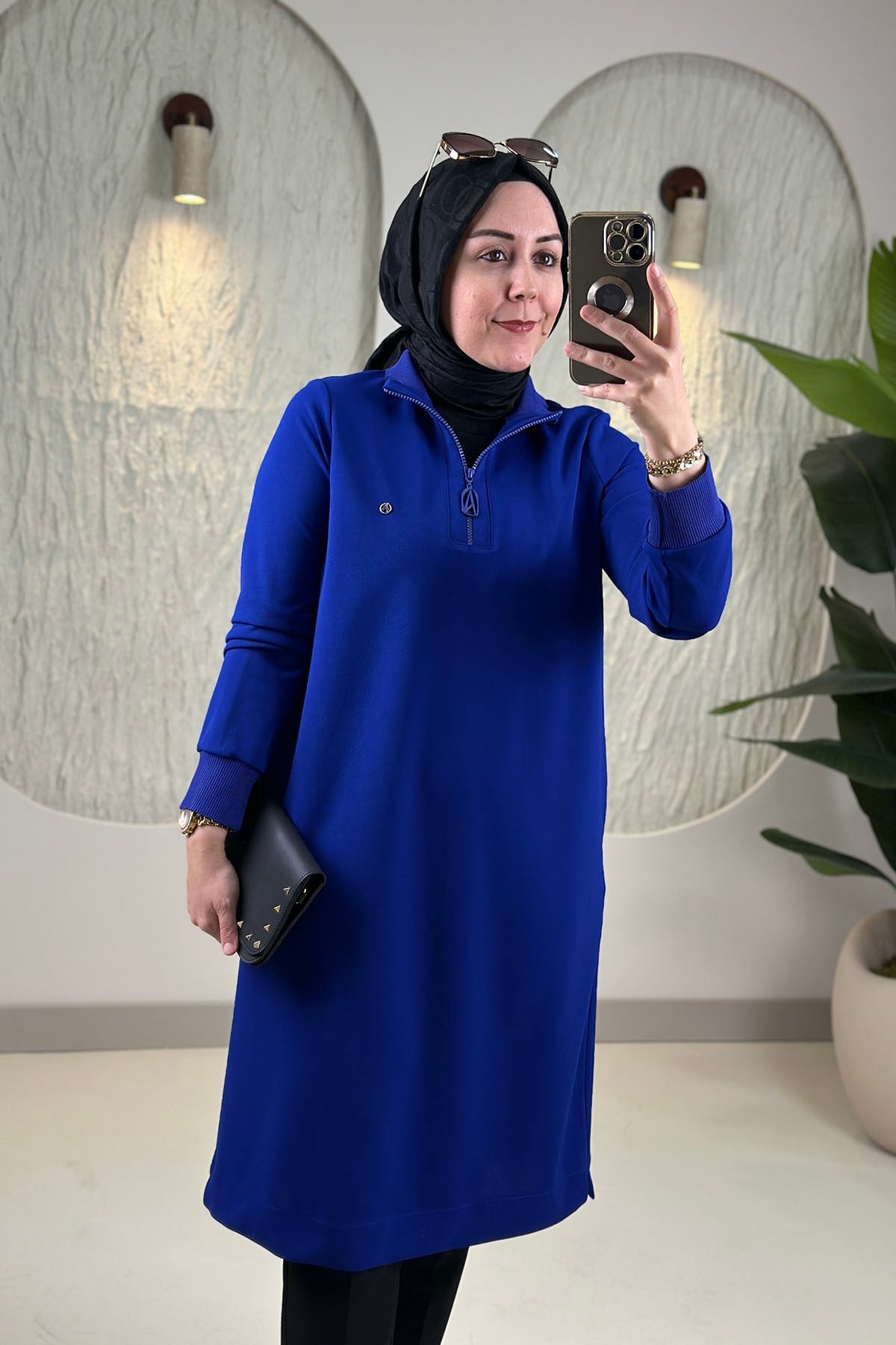Tesettür Tunik ModelleriArmine Trend Önü Yarım Fermuarlı Ribanalı Kadın Tunik Morcivert  ARM 456
