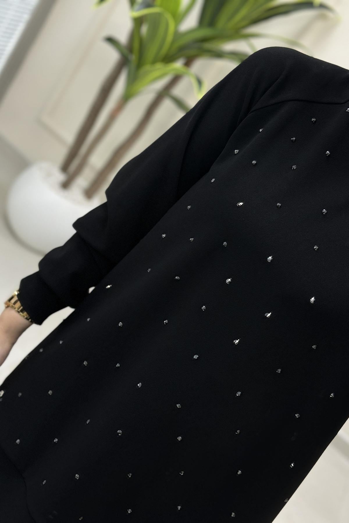 Tesettür Tunik ModelleriArmine Trend Reglan Kol Önü Serpme Taş Detaylı Kadın Tunik Siyah ARM 449