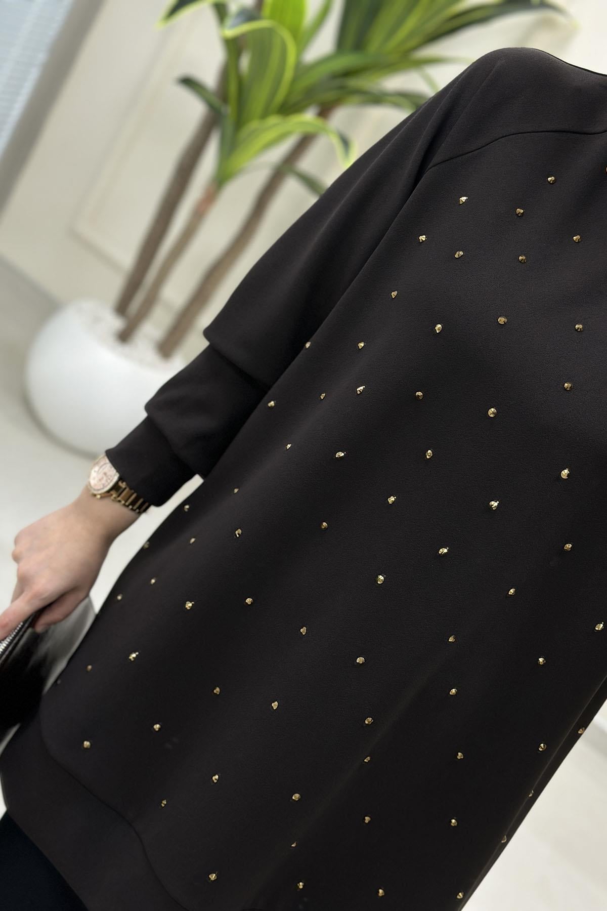 Tesettür Tunik ModelleriArmine Trend Reglan Kol Önü Serpme Taş Detaylı Kadın Tunik Acı Kahverengi ARM 449