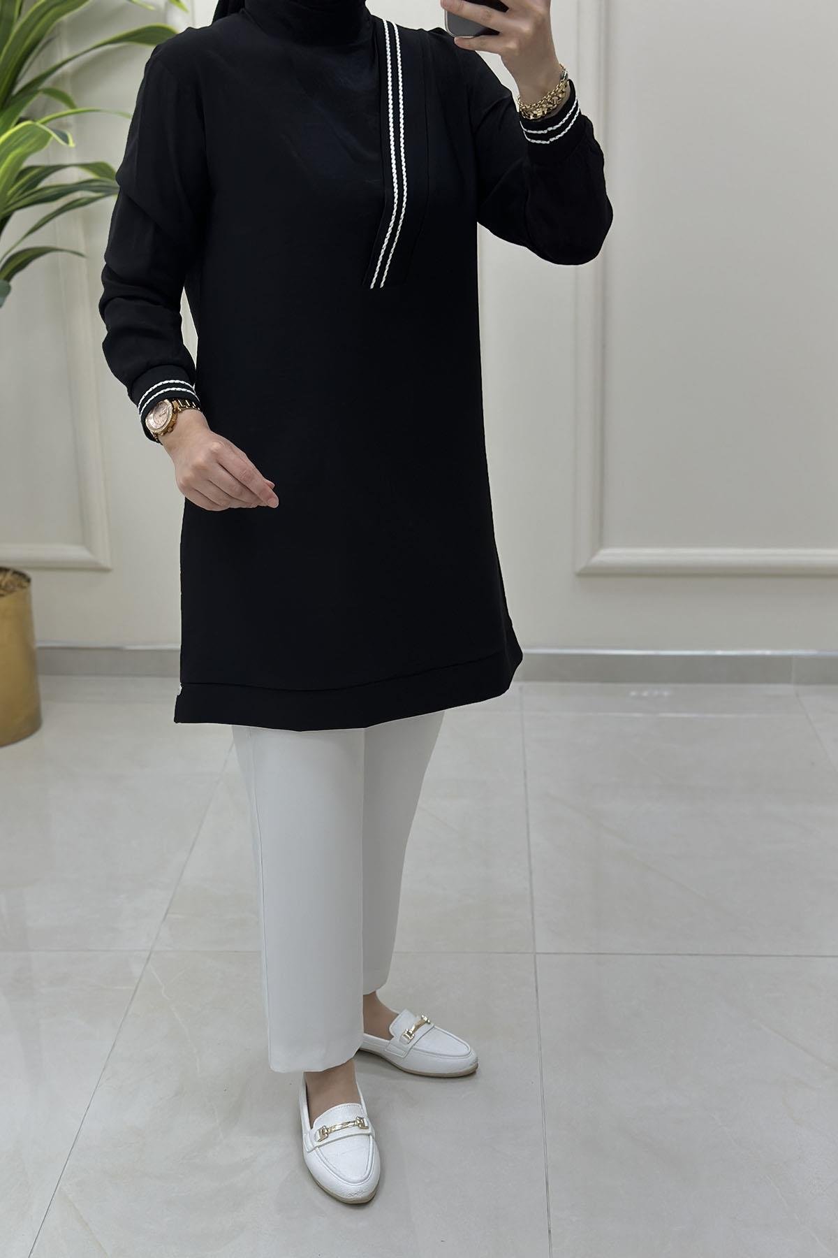Tesettür Tunik ModelleriArmine Trend Ribana Detaylı Kadın Tunik Siyah ARM 4143