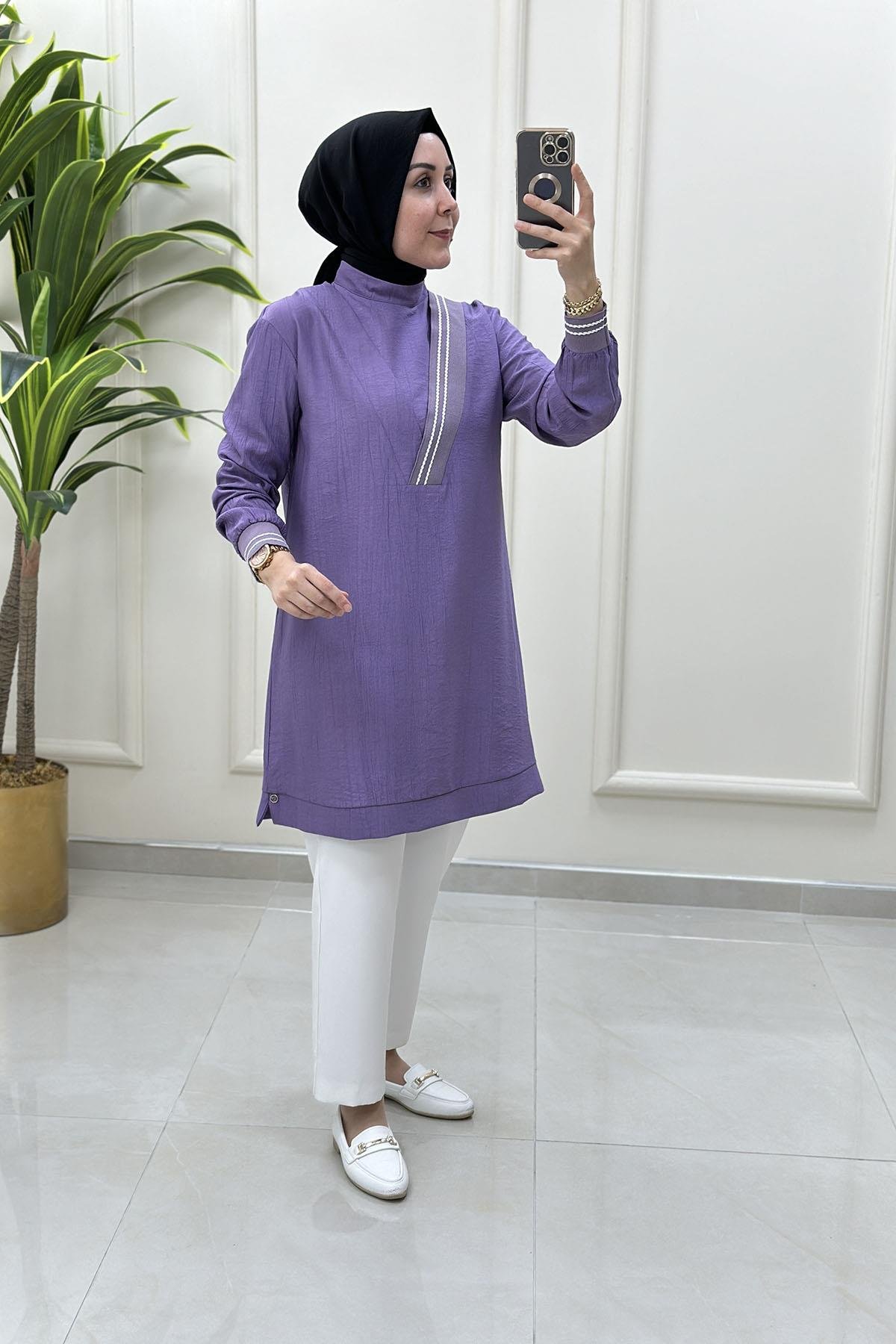 Tesettür Tunik ModelleriArmine Trend Ribana Detaylı Kadın Tunik Mor ARM 4143